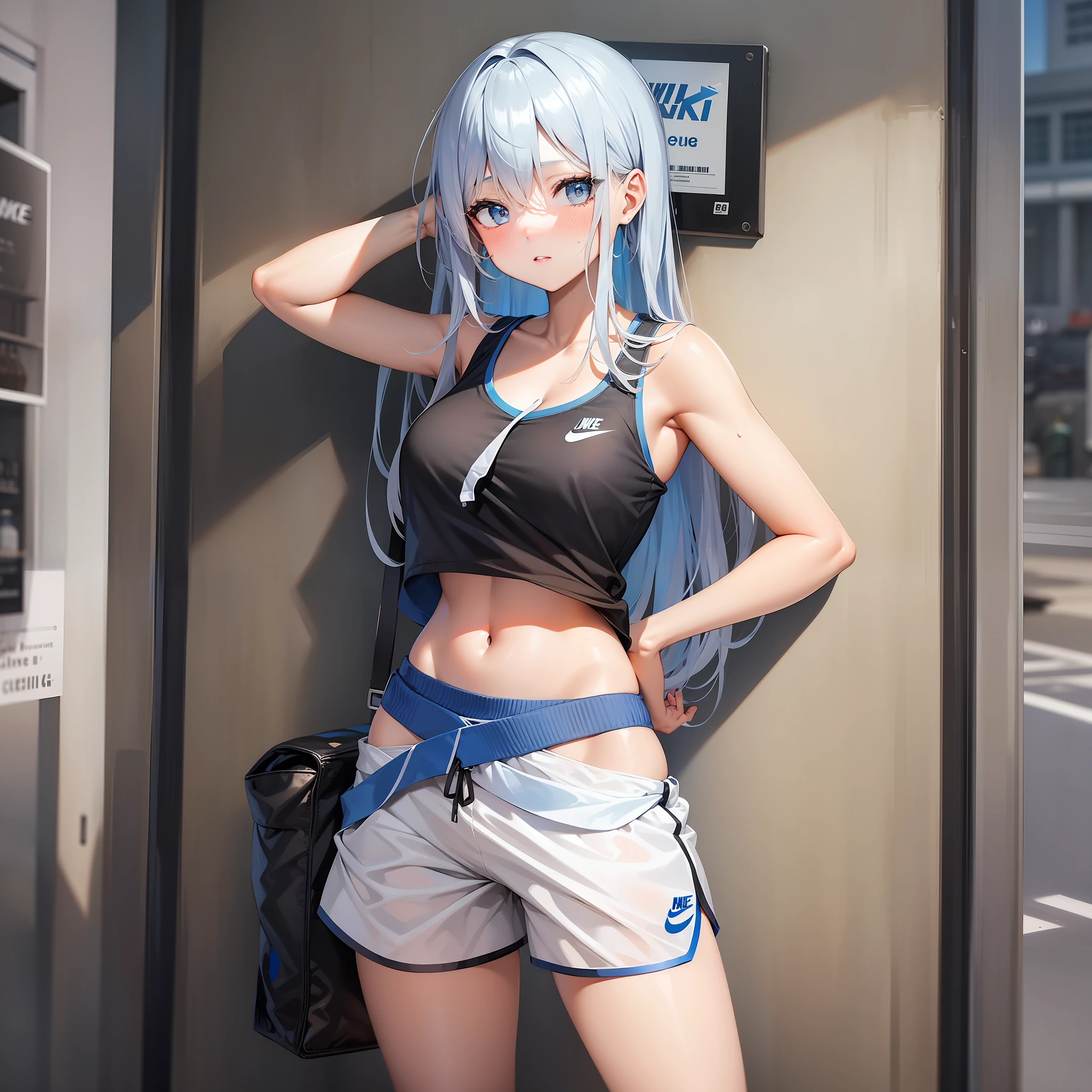 Draw a girl blue and white hair, in white shorts, black nike shirt, full body, sweaty, with a bottle in hand