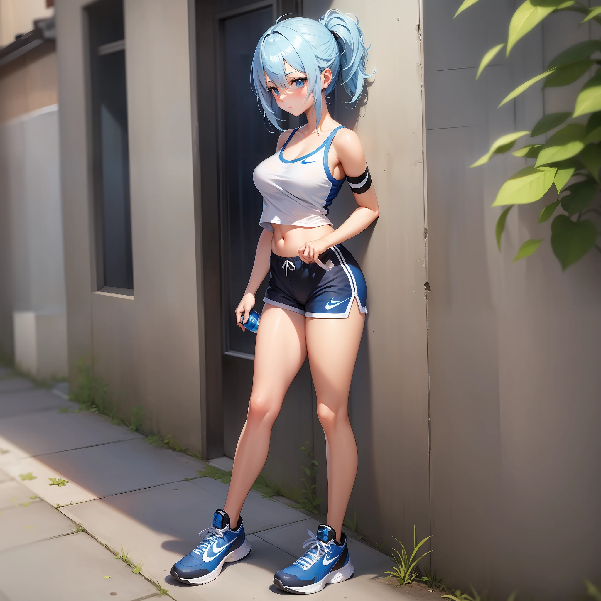 Draw a girl blue and white hair, in white shorts, black nike shirt, full body, sweaty, with a bottle in hand