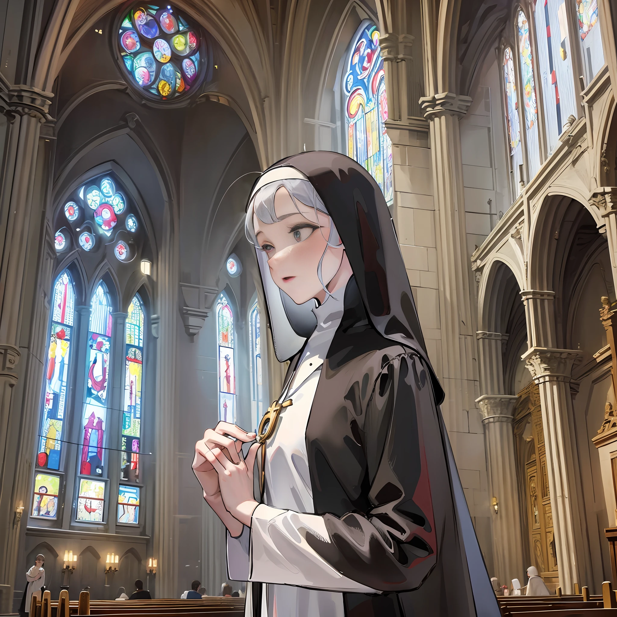 A devilish nun dressed in one-piece white silk prays in a sacred church