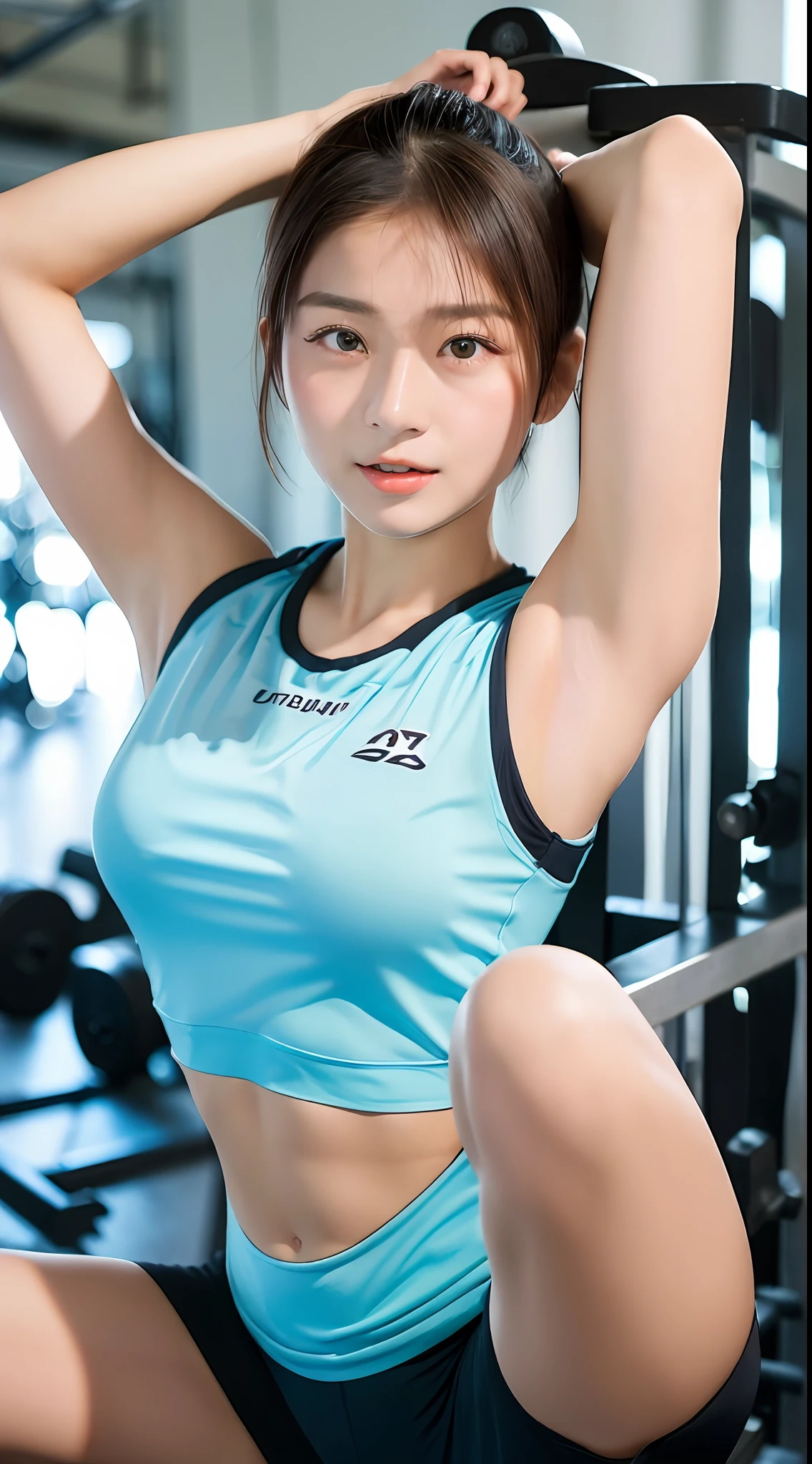 (yinchuan:1.5),, masterpiece, best quality, raw photo, photorealistic, big breasts, beautiful face, soft smile, girl 20 years old, workout gym, workout wear, dress, open leg stretch, short hair, depth of field, high resolution, ultra detail, fine detail, very detailed, very detailed eyes and face, sharp pupils, realistic pupils,