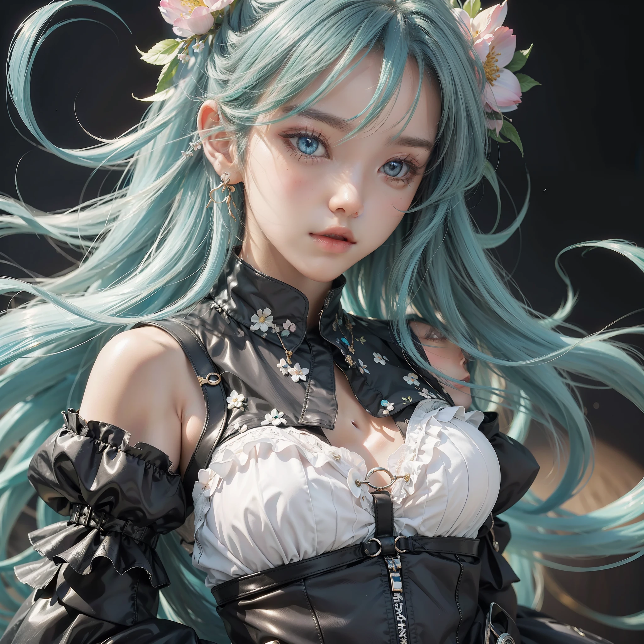 (masterpiece), (best quality), (ultra detailed),(disheveled hair),(illustration), (1girl), (Fashionable clothing), standing, Fashion model, looking at viewer, (interview), (simple background),beautiful detailed eyes, delicate beautiful face, Floating,(high saturation),(colorful splashes),colorful bubble,(shining), focus on face, kamisato ayaka, light blue hair, bangs, hair ring, floating flowers, floating hairs.Girl, anime waifu, looking at viewer, highlydetailed, reflections transparent iridescent colors, long transparent iridescent RGB hair, artby Serafleur from artstation, thick acrylic,illustration on pixiv, waist up portrait, gorgeoussacred girl, best quality, ultra detailed,sad,clever,beautiful face , beautiful lighton black background, Character stvle renderedby Octane,