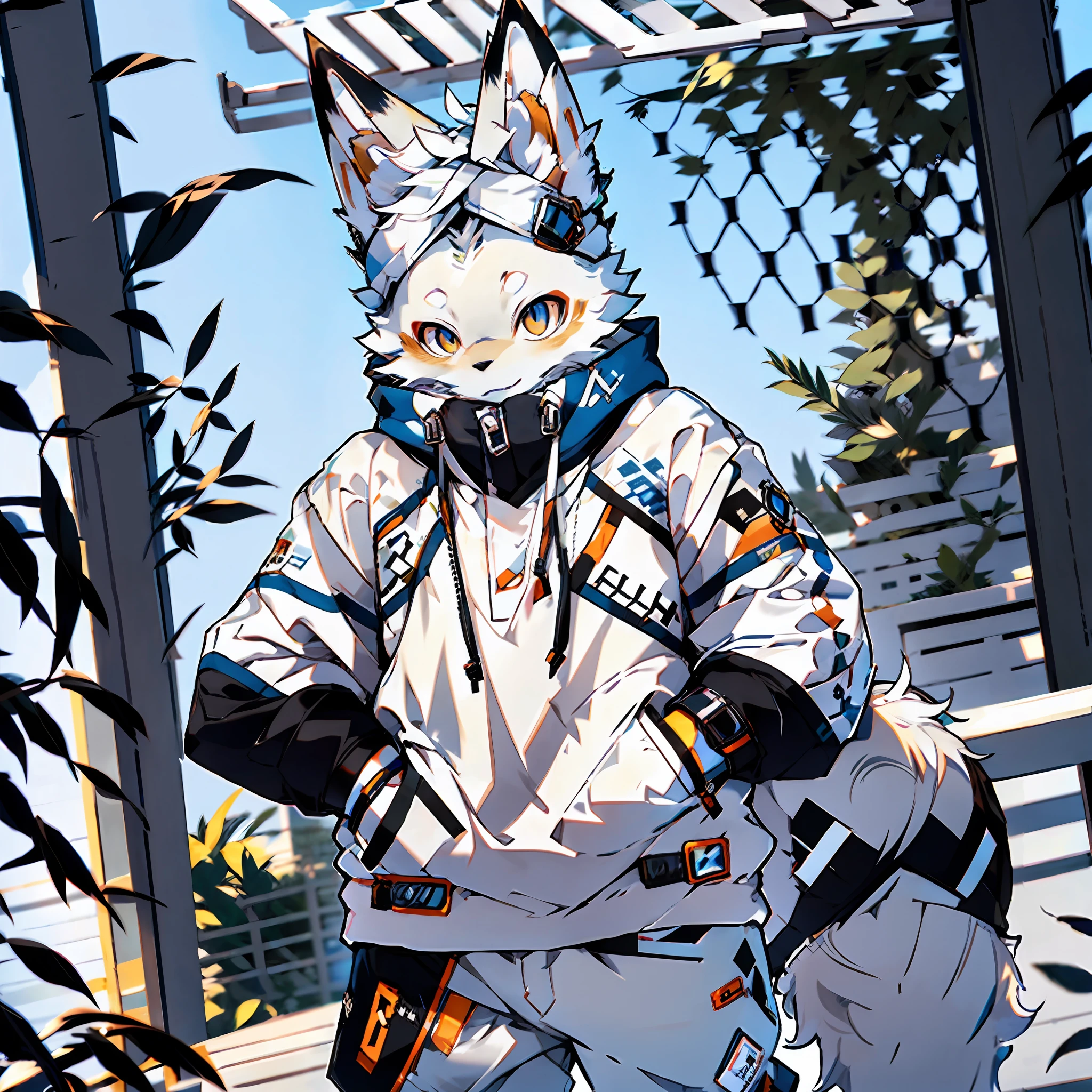 furry, furry, gray fur, male, canine, arctic fox, single, sharp claws, detailed fur, golden eyes, fluffy tail, blue sweatshirt, white jeans, super detailed: 1.0, city street, detailed background