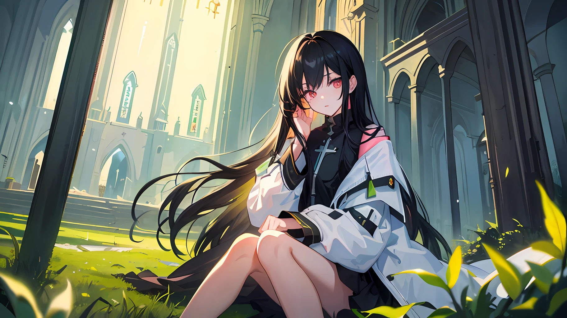(Masterpiece, highest quality, high resolution), 1girl, sitting on a green field, long black hair, white long coat, bright pink eyes, a church in the background, bright and dreamy lights, moody atmosphere, soft light