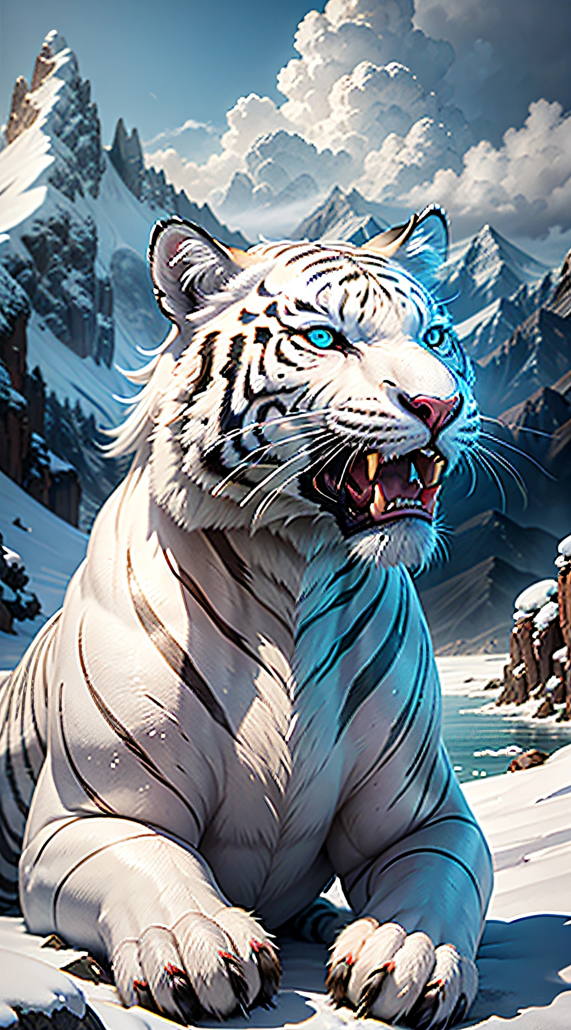 Mountains and seas through the white tiger, divine beast, white tiger body tall, strong, white hair, its eyes bright and godly, several feet long, white tiger for the mountain spirit beast, its divine light Rui, white tiger is a huge, snow-white spirit beast, living above the nine peaks, the tiger descends the mountain, the background is lofty mountains, there are ancient buildings below, lightning and lightning, lightning, face and face exquisite details, mouth open, perfect fangs, clear outline, perfect details, epic composition, grand scene, super realistic, surreal,