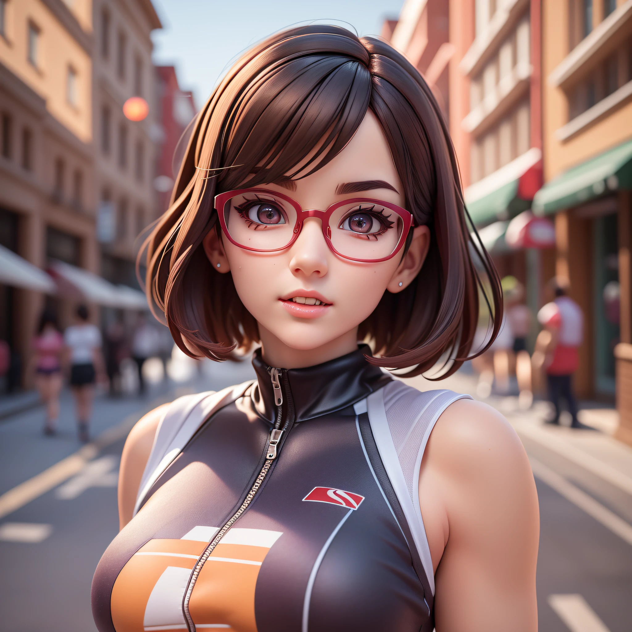 (Pixar 1.25 style) 1 virgin ((upper body front, bust shot)), solo, front, very pretty face, very detailed eyes, very detailed nose, very detailed mouth, short hair, beauty, Korean, sophisticated feeling, sportswear, glasses, downtown area, ((masterpiece, highest quality)), (composite lighting)
