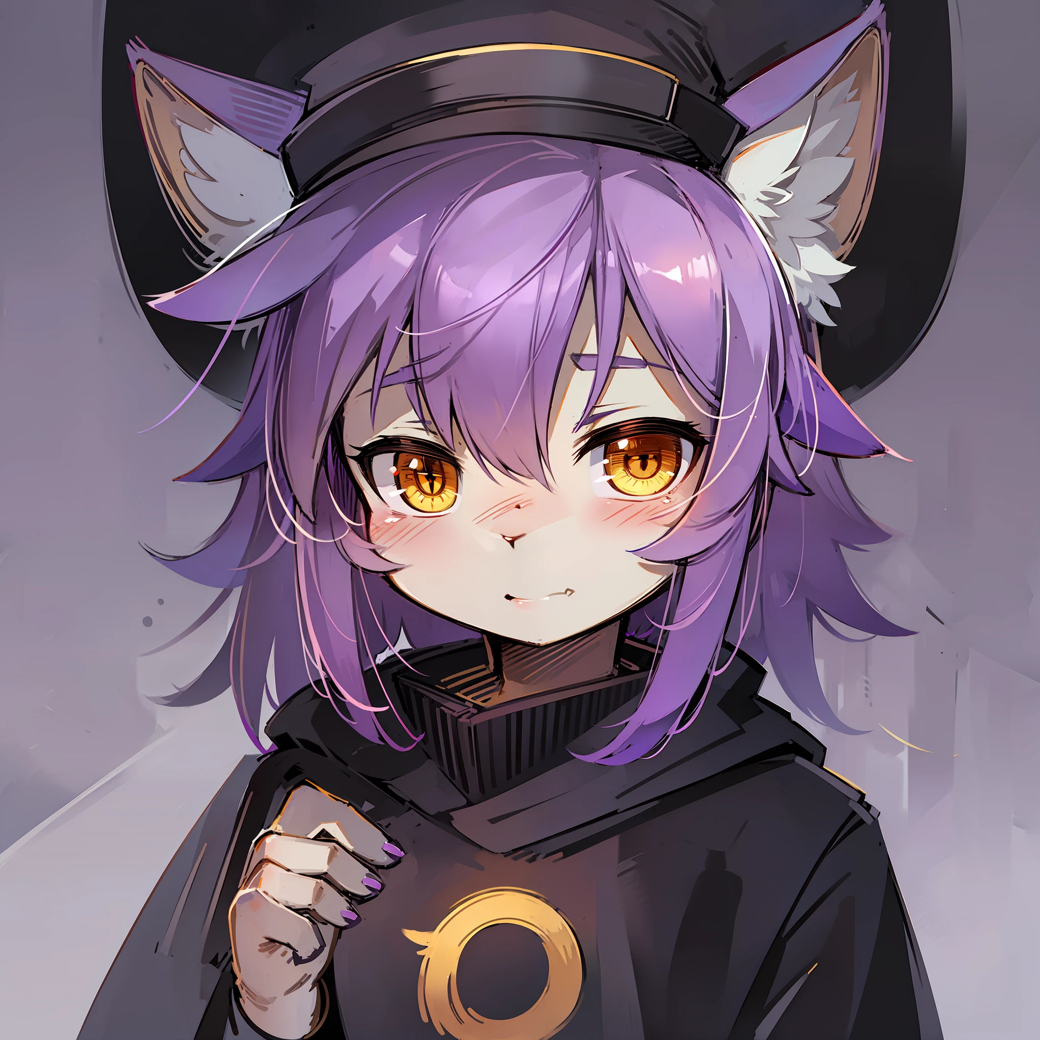 Niko Oneshot, Cat Face, Tan Skin, Hat with cat ears, purple hair, child, big yellow cat eyes, monochrome, sketch