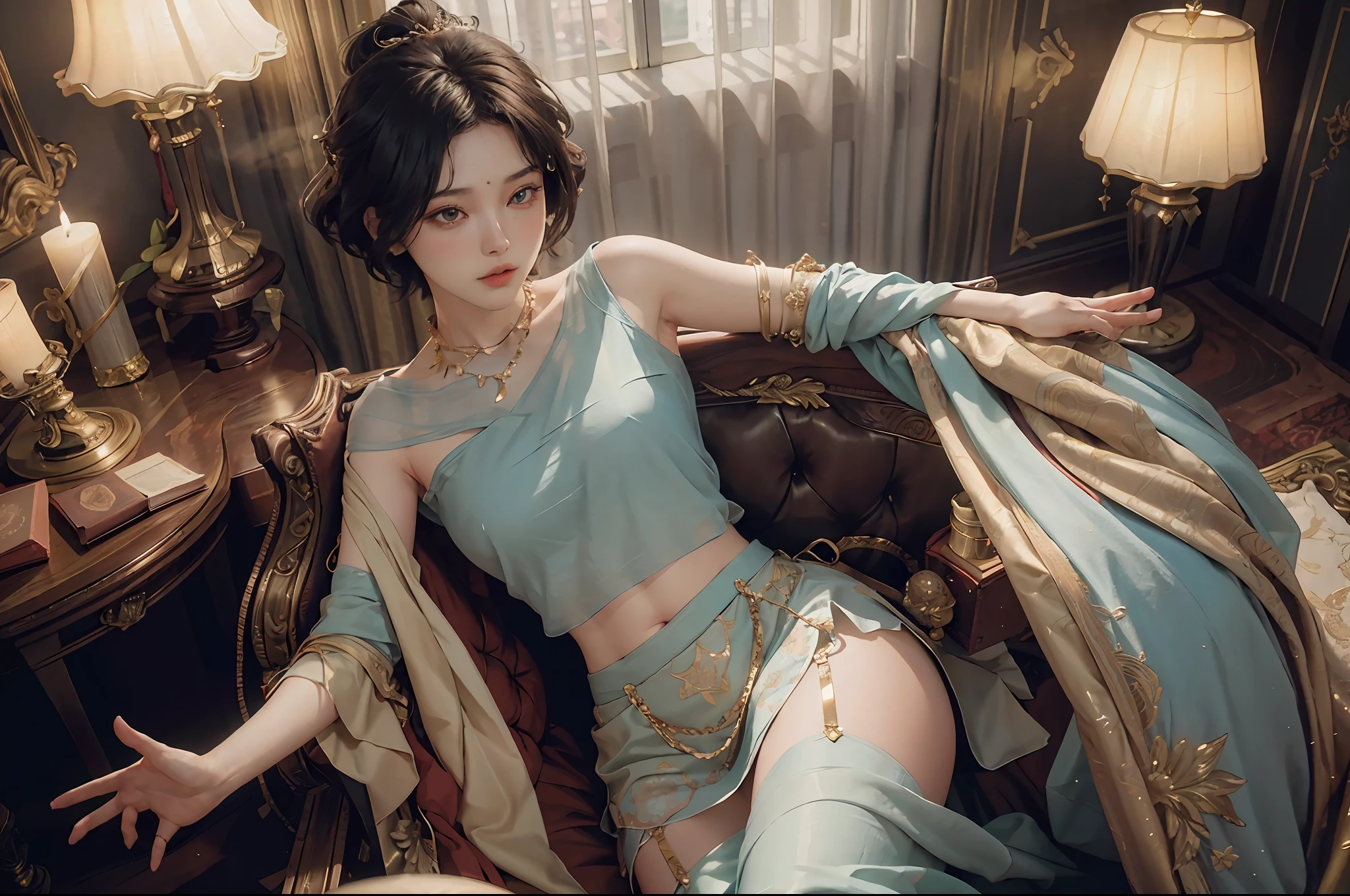 CG Unity 8K wallpapers with the highest quality details, dynamic angles, images that emphasize brightness, luxurious rooms, luxurious curtains, fabric sheerness: 1.2, thighs under mini skirts, women with short hair, lens flares, vintage taste, realism: 1.3.
