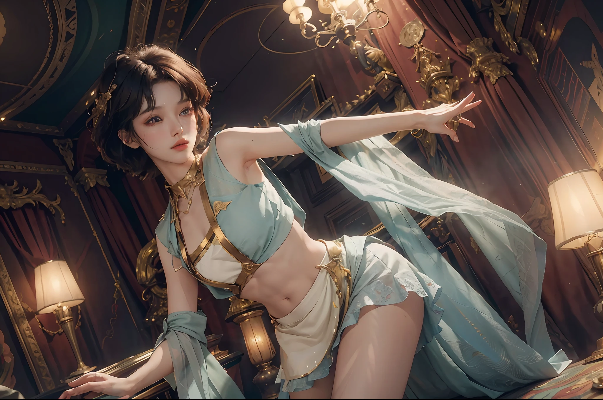 CG Unity 8K wallpapers with the highest quality details, dynamic angles, images that emphasize brightness, luxurious rooms, luxurious curtains, fabric sheerness: 1.2, thighs under mini skirts, women with short hair, lens flares, vintage taste, realism: 1.3.