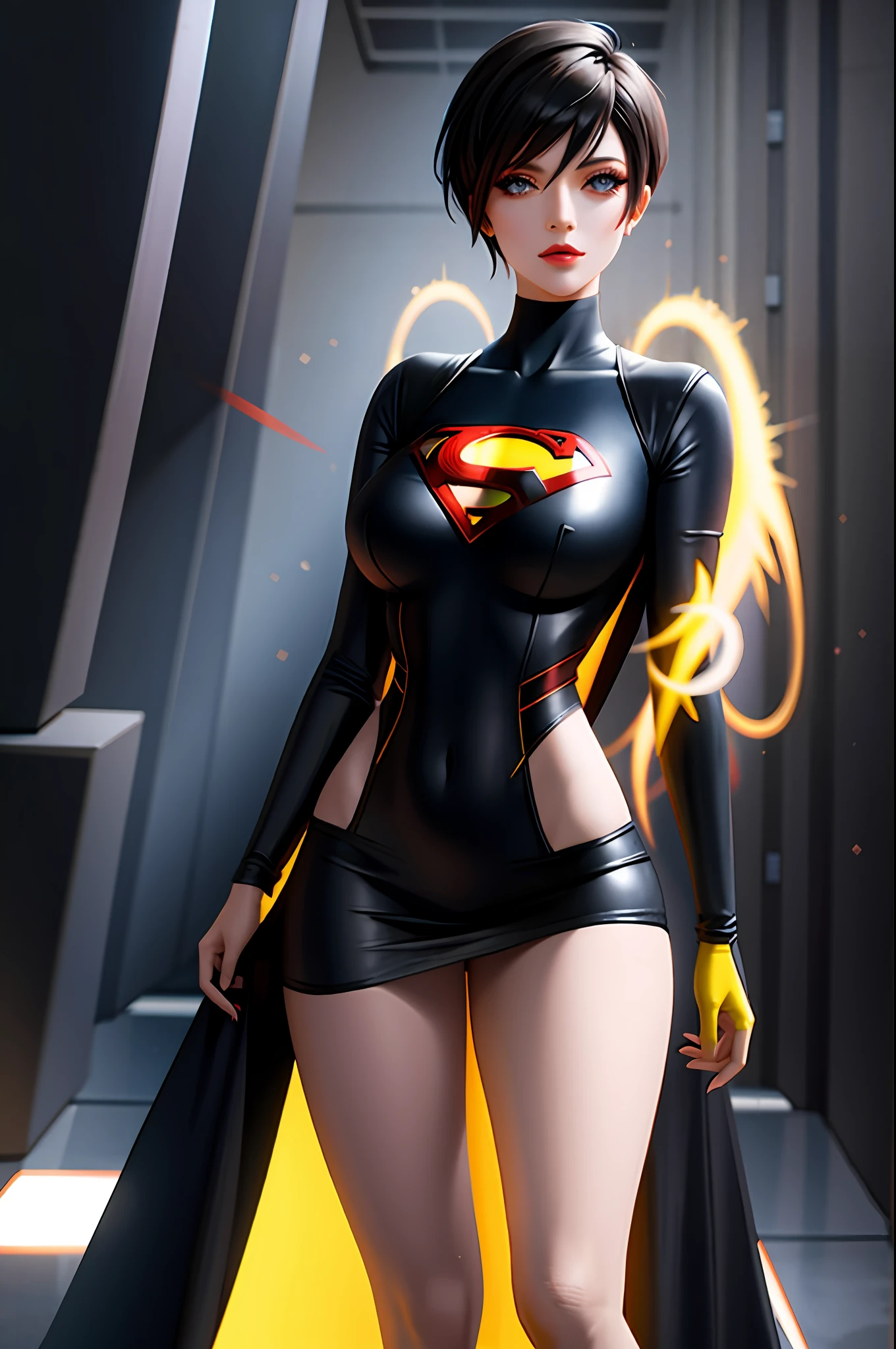 there's a woman in a short dress walking on a runway, digital art by Nelson Alexander Ross, winner of the Artstation contest, neo-dada, neosurrealism. digital art, neosurrealism, neo surrealism, cover art, giant art, dreamy cyberpunk girl, promotional art, using superman S symbol, tracer in a tight dress, near a galaxy, skydoll noa