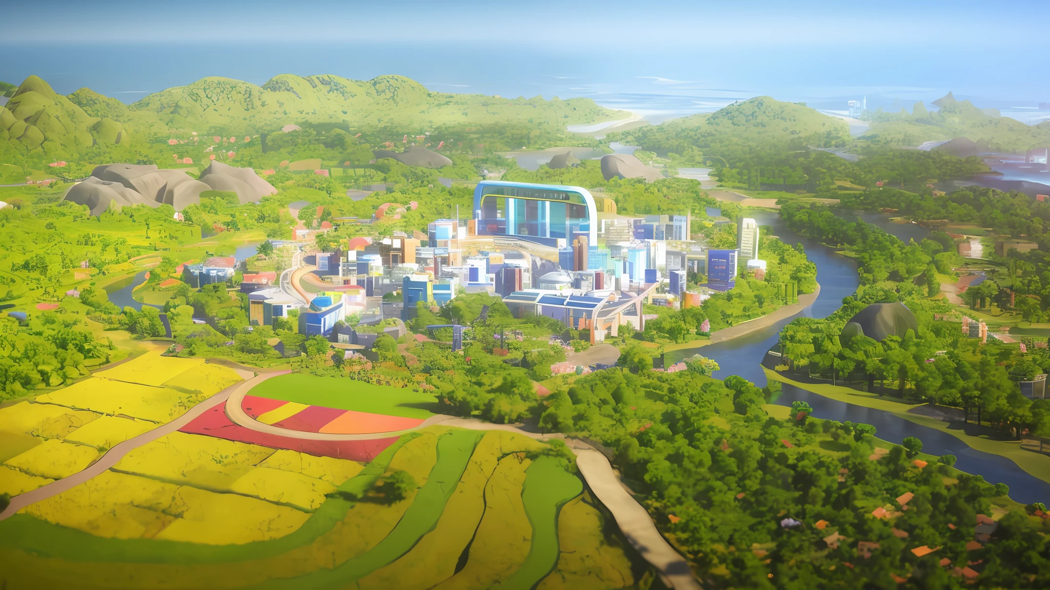arafed view of a city surrounded by trees and a river, tropical coastal city, screenshot from simcity pc game, detailed photo of virtual world, landscape of a future city, villages , unreal engine, game cg, entire city in view, town background, sunrise over solarpunk city, official screenshot, township, hyperdetailed!, town center background