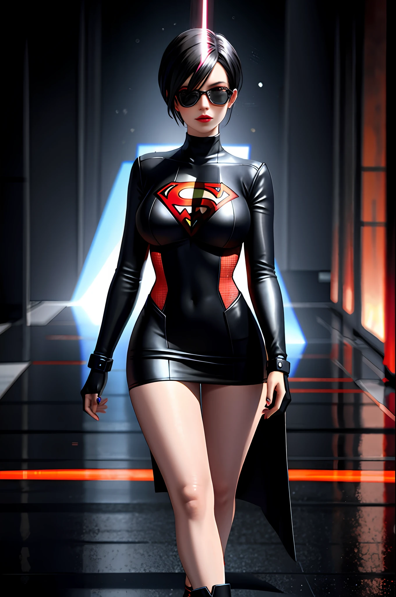 there's a woman in a short dress walking on a runway, digital art by Nelson Alexander Ross, winner of the Artstation contest, neo-dada, neosurrealism. digital art, neosurrealism, neo surrealism, cover art, giant art, dreamy cyberpunk girl, promotional art, using superman S symbol, tracer in a tight dress, near a galaxy, skydoll noa
