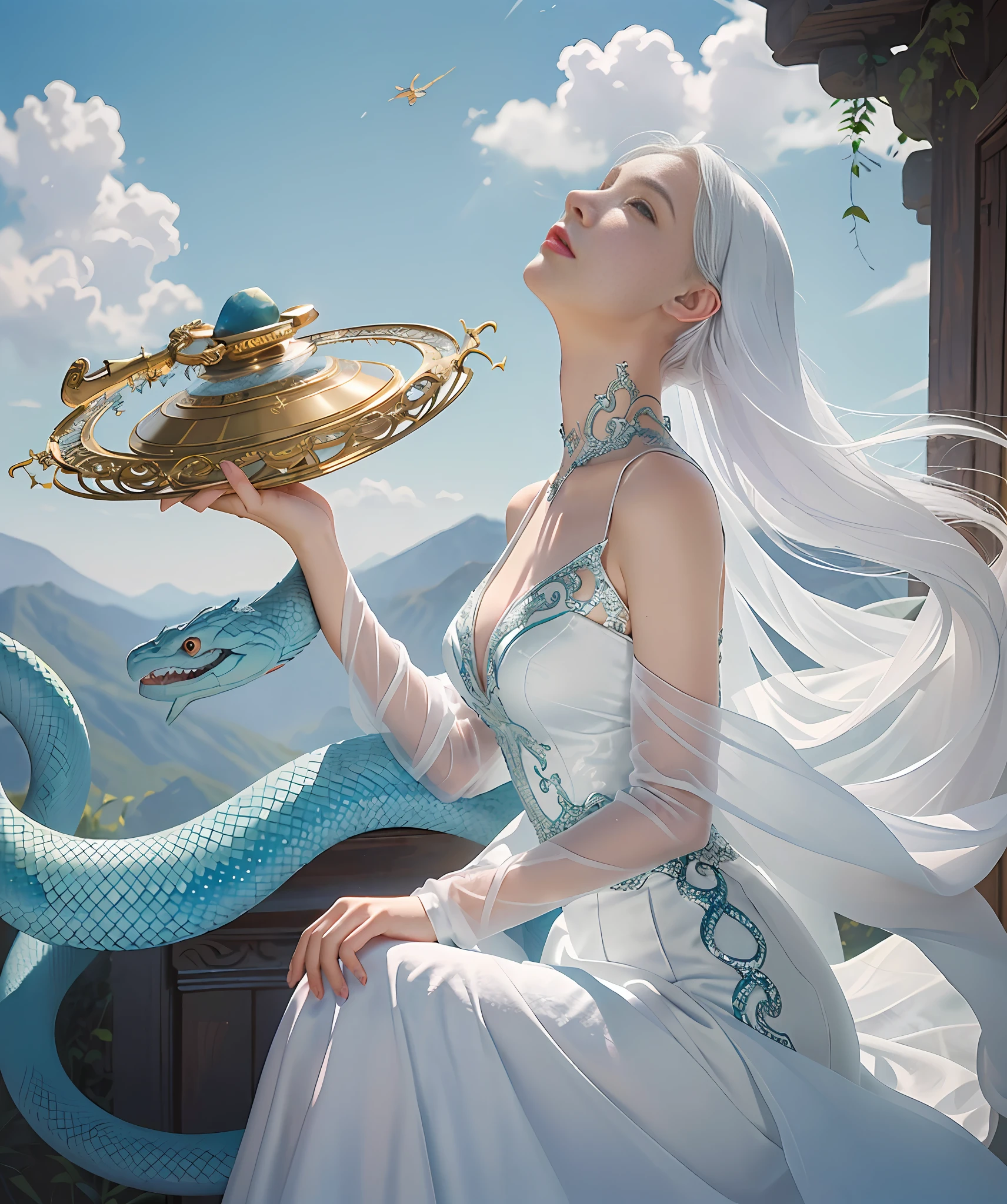 A painting of a woman holding a colored divine stone and divine fire, looking up at the sky, the sky is just below her tail Snake woman mixed, mythical colors, Molbach, Peter Molbach style, Peter Molbach c 2 0, Art style in Molbach, Peter Molbach style, Snake woman in white gauze dress, In Peter Molbach style, The Serpent Queen has no legs, Peter Molbach and artistic reproduction, looking up at the sky, depth of field fairy under fan, white hair, white gauze skirt, fairy under fan