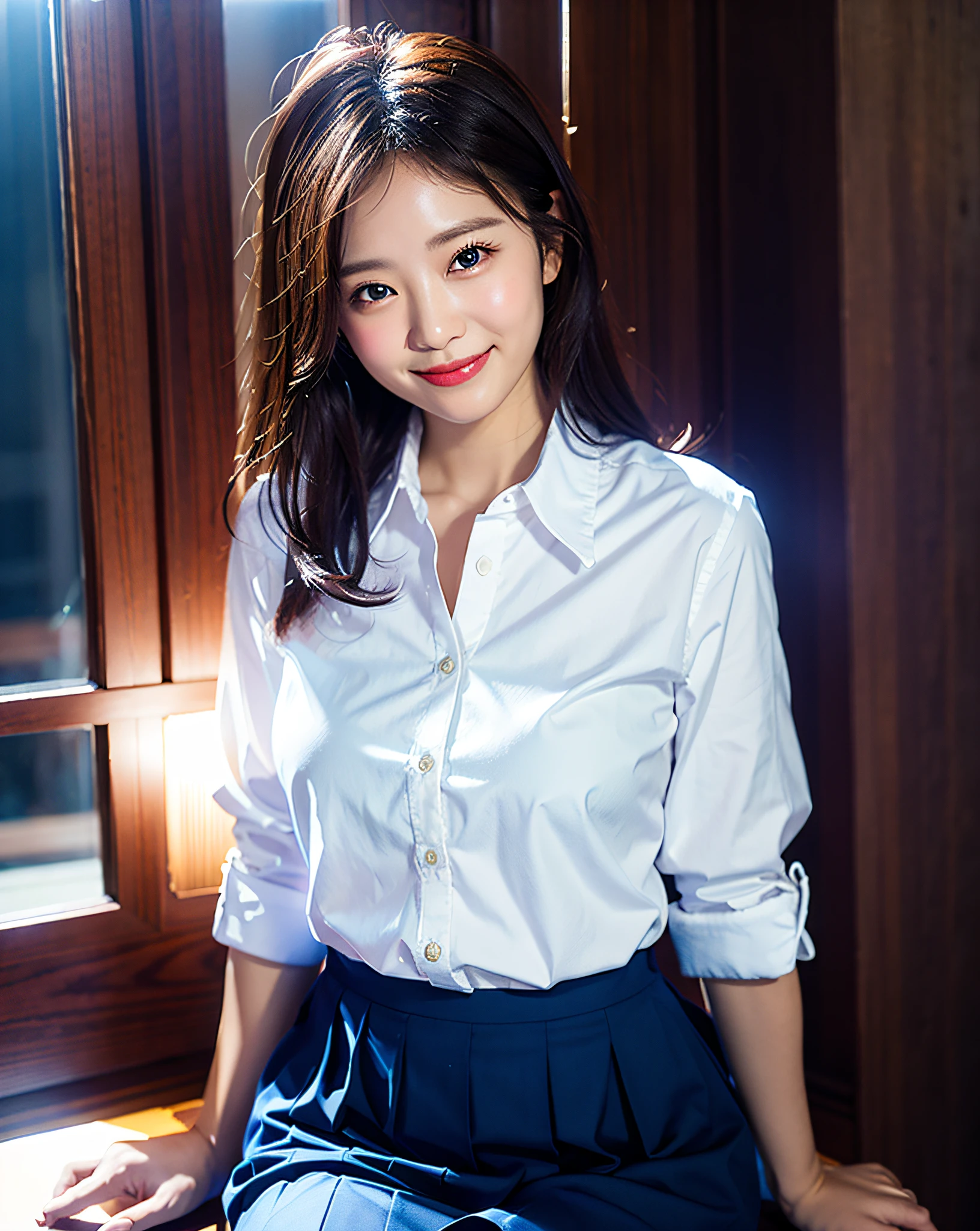 Smiling, white shirt, dark blue skirt