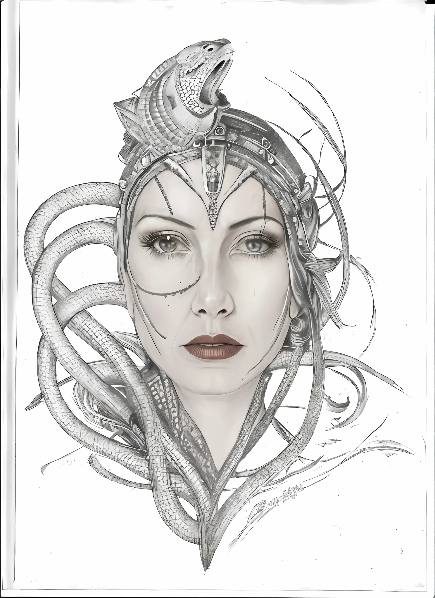 Drawing of a woman with a mask and a snake on her head, symmetry!! cyborg portrait, hybrid snake woman, giger portrait of queen dragon, snake-faced lady, inspired by H. R. Giger, inspired by H.R. Giger, inspired by Giger, portrait of a cyborg queen, scifi symmetrical portrait (coloring)