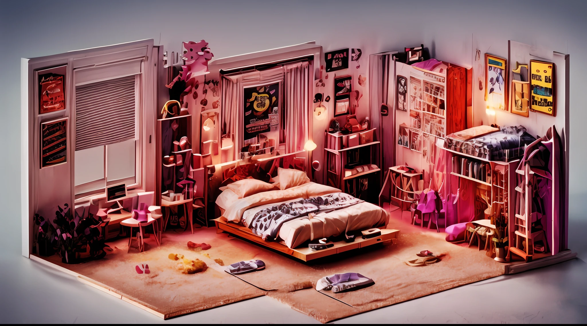 sharp detail of bedroom interior vivid colors, glam rock and synthwave, there are boombox, guns n roses poster, 'alphaville' poster,  dynamic poses, ample headroom, cinematic shot, wide lens, motion grading, third rules of photography