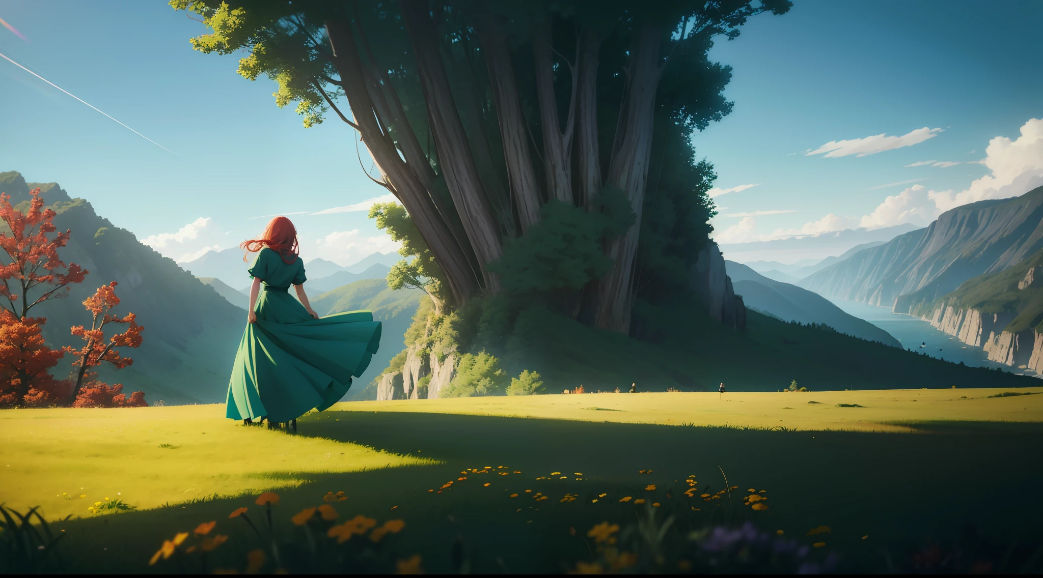 Extremely detailed, wind, anime intonation, vibrant colors, vivid, lighting going to extreme light and extreme shadow, focused on the color green, a woman smiling on her back looking at a landscape from the tip of a cliff with grasses and leaves with autumn colors, red dress, long blonde hair, wind, skin is tanned, the woman has to be highlighted with light in her hair and dress,  leaving both transparent, landscape to which she is looking over the precipice is an extremely green environment, full of trees, villages, mountains (no bigger than where the woman is), with a lot of wind and fluttering leaves everywhere, at the end of this landscape a giant tree, much larger than the mountains, the seas are reflective and the flora has strong shadows,  volumetric lighting, unreal render, octane render, perfect face, perfect dress, perfect hands, perfect face, perfect eyes, ray tracing reflections, ray traced, rtx, hdr, sharpen, cinematic, fantasy atmosphere, leaves flying everywhere to give the feeling of strong wind, extremely strong lighting and shadow, variations between black and light green, mushrooms, flowers, butterflies, bright lights, sun light on every woman,  sun in the background reflecting across the landscape, only nature, no construction shadows and lights 2 times stronger, extremely blue sky with white clouds, transparent red dress, strong post-processing colors, strong outline, outline, cartoon