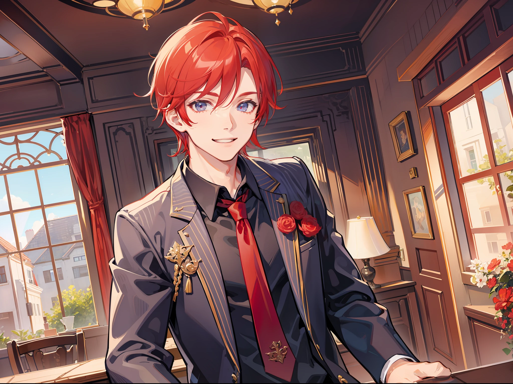 A man with red hair, handsome and good-looking, wearing house clothes, spoiled eyes, and smiling