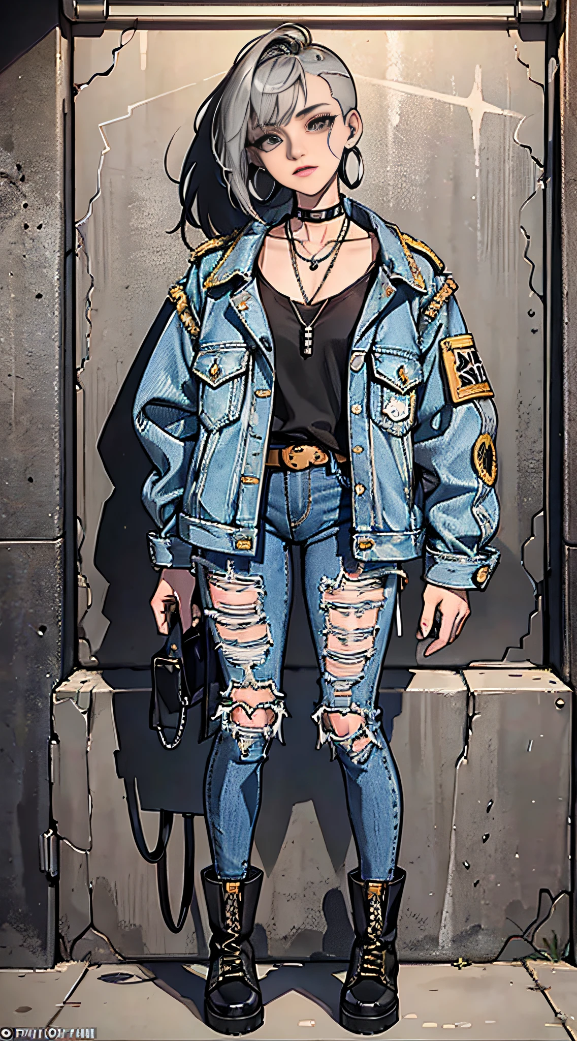 (masterpiece:1.2, best quality), (1lady, solo, upper body:1.2), Hair: buzz cut, Clothing: oversized, distressed denim jacket with patches and pins, paired with black skinny jeans and combat boots, Accessories: silver hoop earrings and a black choker necklace, Hanging out in an underground music venue or street art exhibit