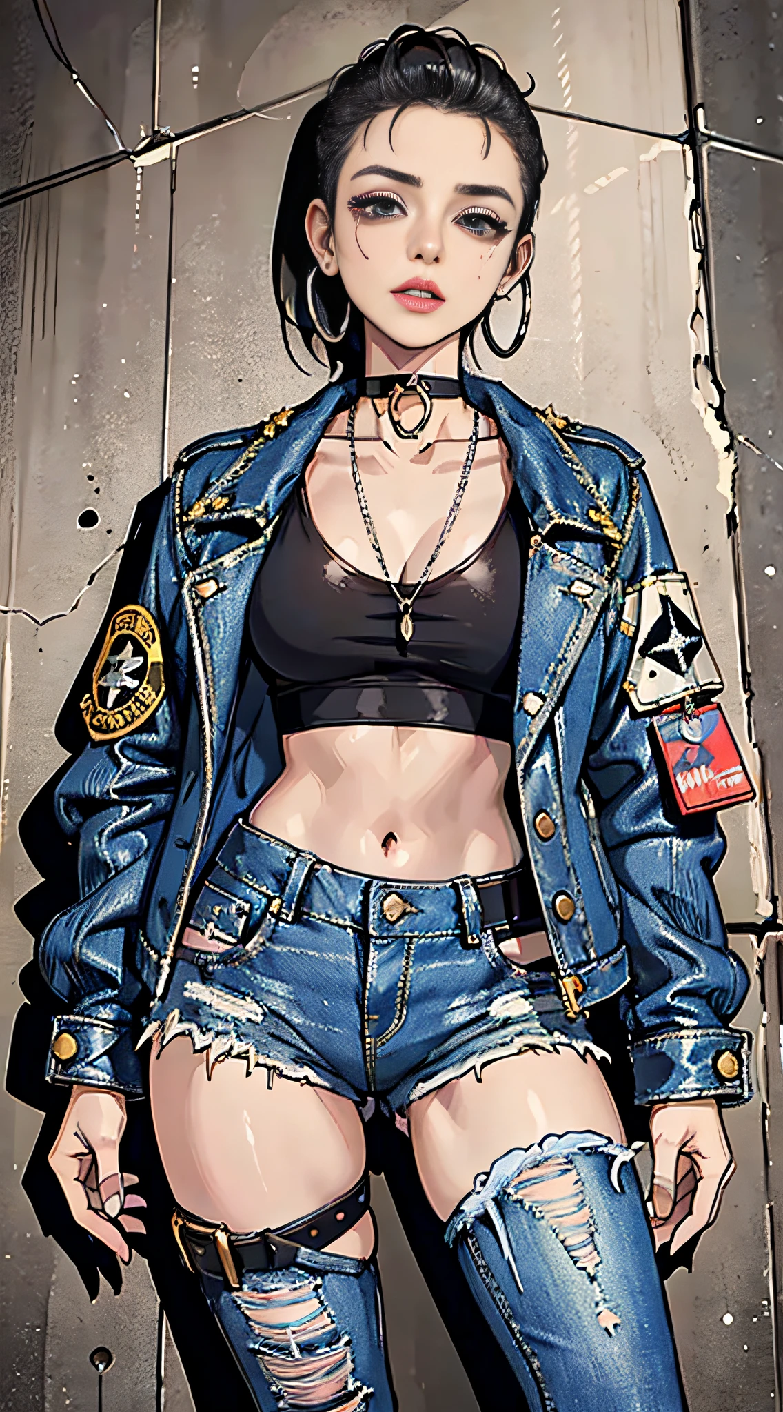 (masterpiece:1.2, best quality), (1lady, solo, upper body:1.2), Hair: buzz cut, Clothing: oversized, distressed denim jacket with patches and pins, paired with black skinny jeans and combat boots, Accessories: silver hoop earrings and a black choker necklace, Hanging out in an underground music venue or street art exhibit