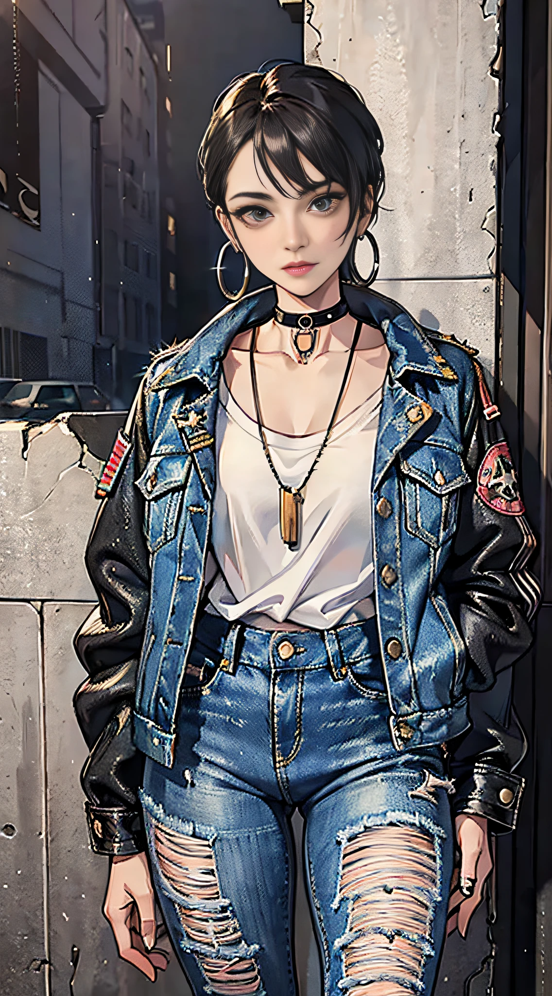 (masterpiece:1.2, best quality), (1lady, solo, upper body:1.2), Hair: buzz cut, Clothing: oversized, distressed denim jacket with patches and pins, paired with black skinny jeans and combat boots, Accessories: silver hoop earrings and a black choker necklace, Hanging out in an underground music venue or street art exhibit