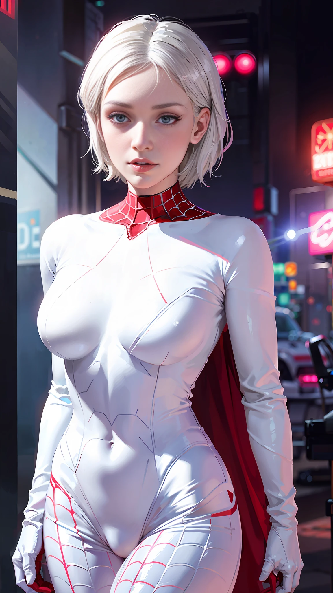 araffed woman in a white bodysuit and red and white spider - man costume, gwen stacy, cyberpunk bodysuit, ( ( spiderwoman ) ), 2b, 2 b, intricate body, spider gwen, futuristic style spiderman, shiny white skin, beutiful white girl cyborg, styled like ghost in the shell, closeup shot, full body cgsociety