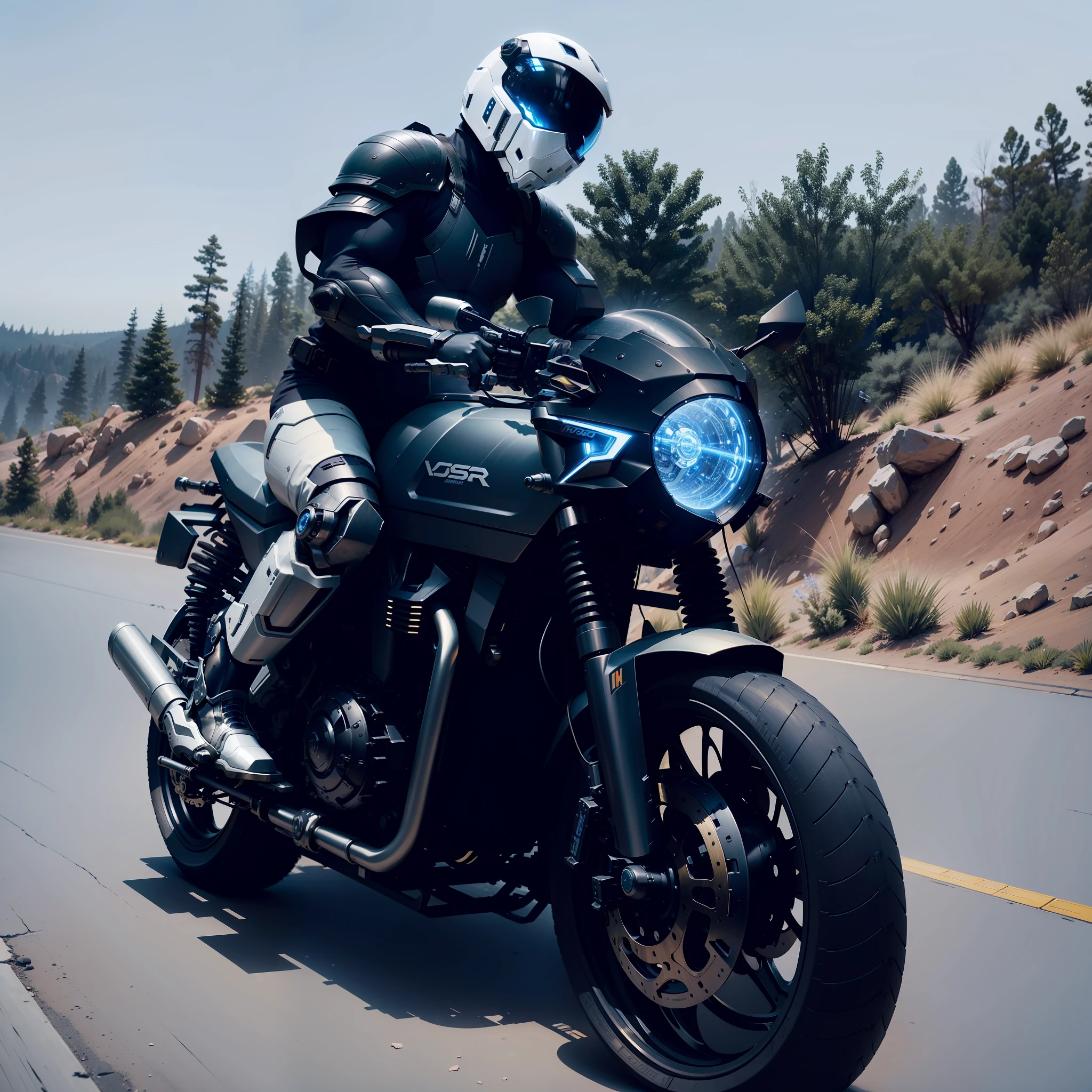 Cyber Male Warrior and Cyber Mechanical Motorcycle, Wearing High-Tech Armor, Nousr, Biomechanics, MSHN Robotic Man, High-Tech Helmet, Hyperreal, Steel, Intricate Design, Crazy Details, Fine Details, Extremely Clear Lines, Cinematic Lighting, Photo Realistic, Detailed Masterpiece