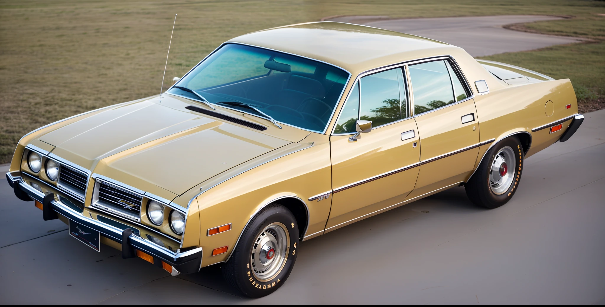 ((photography)), ((photography)), 1970s, photorealistic, car, three-quarter body, 1980 cars, 1979 cars, full view of a car, vehicle design, car design, commercial photography, dodge, chrysler, sedan, caramel color paint, light brown paint, detailed, chrome, hyperrealistic, 8k, cream-colored vinyl bonnet, LeBaron model, manufactured in Brazil in 1979