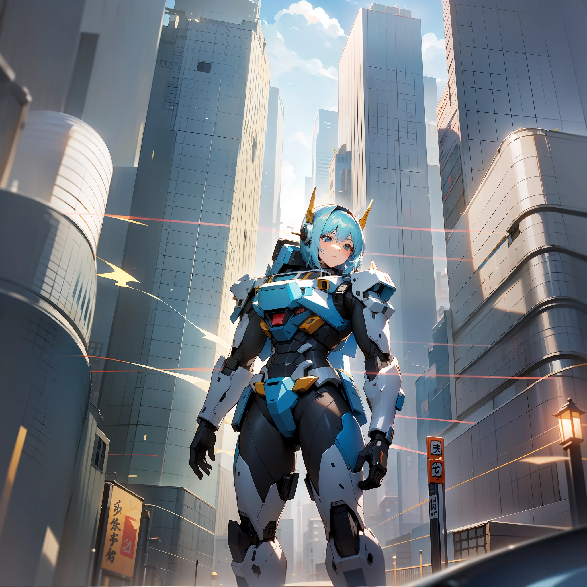 (Translucent blur: 1.1, Mystery style: 1.3, Japanese anime: 1.2, Light and shadow: 1.2, Yin: 1.2, Mecha style: 0.9, More details: 1.1), Under the blue sky, an illusory building appears, the blurred figure reveals the mystery, the unclear rendering perfectly interprets the translucent texture, skillfully expressing the details, as if to materialize the city's architecture.