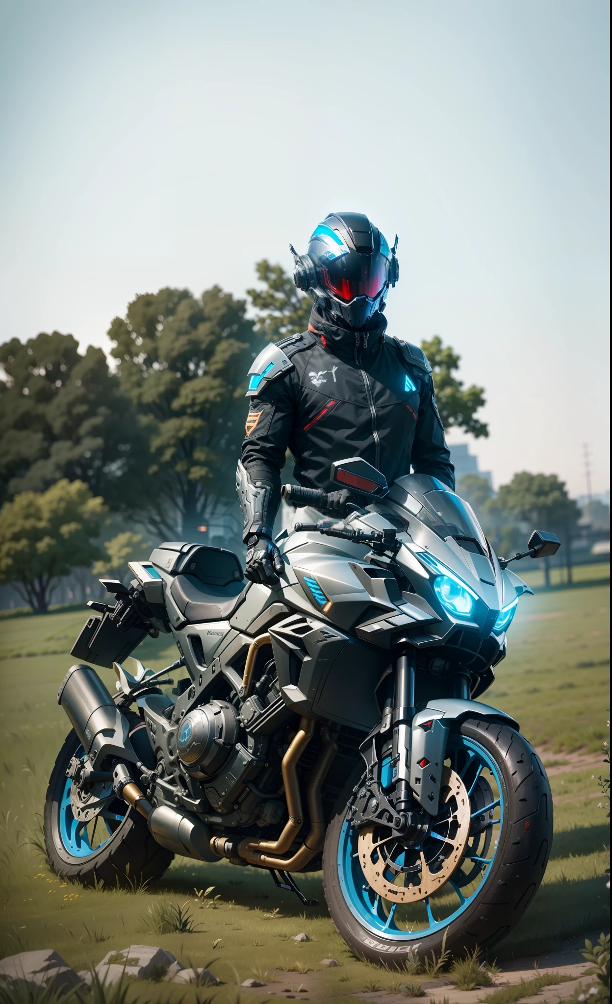 (Masterpiece: 1.2), Best Quality, High Score, Uniform 8k Wallpaper, (Illustration: 1.0), Beautiful Detailed, Very Detailed, Perfect Lighting, Very Detailed CG, Glowing Eyes, Backlight, Armor, Bust Mech, 1boy, Man, Strong, Tattoo on Leg, Warframe, Humanoid Robot, Helmet, Sample Background, Weapon, blue_armor, Looking at the Audience, Solo, Perspective, Red helmet, black bike, black clothes, blue light, shorts, strong muscles, cyberpunk,