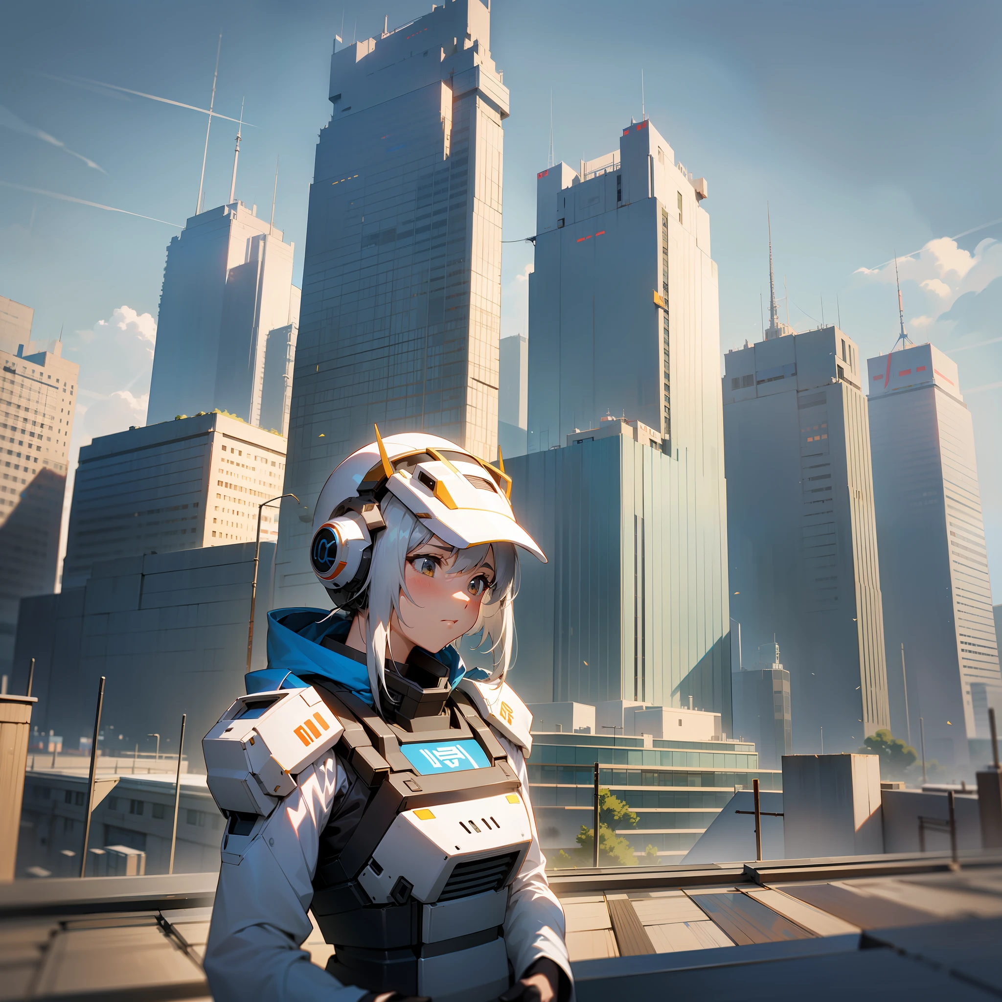 (Translucent blur: 1.1, Mystery style: 1.3, Japanese anime: 1.2, Light and shadow: 1.2, Yin: 1.2, Mecha style: 0.9, More details: 1.1), Under the blue sky, an illusory building appears, the blurred figure reveals the mystery, the unclear rendering perfectly interprets the translucent texture, skillfully expressing the details, as if to materialize the city's architecture.