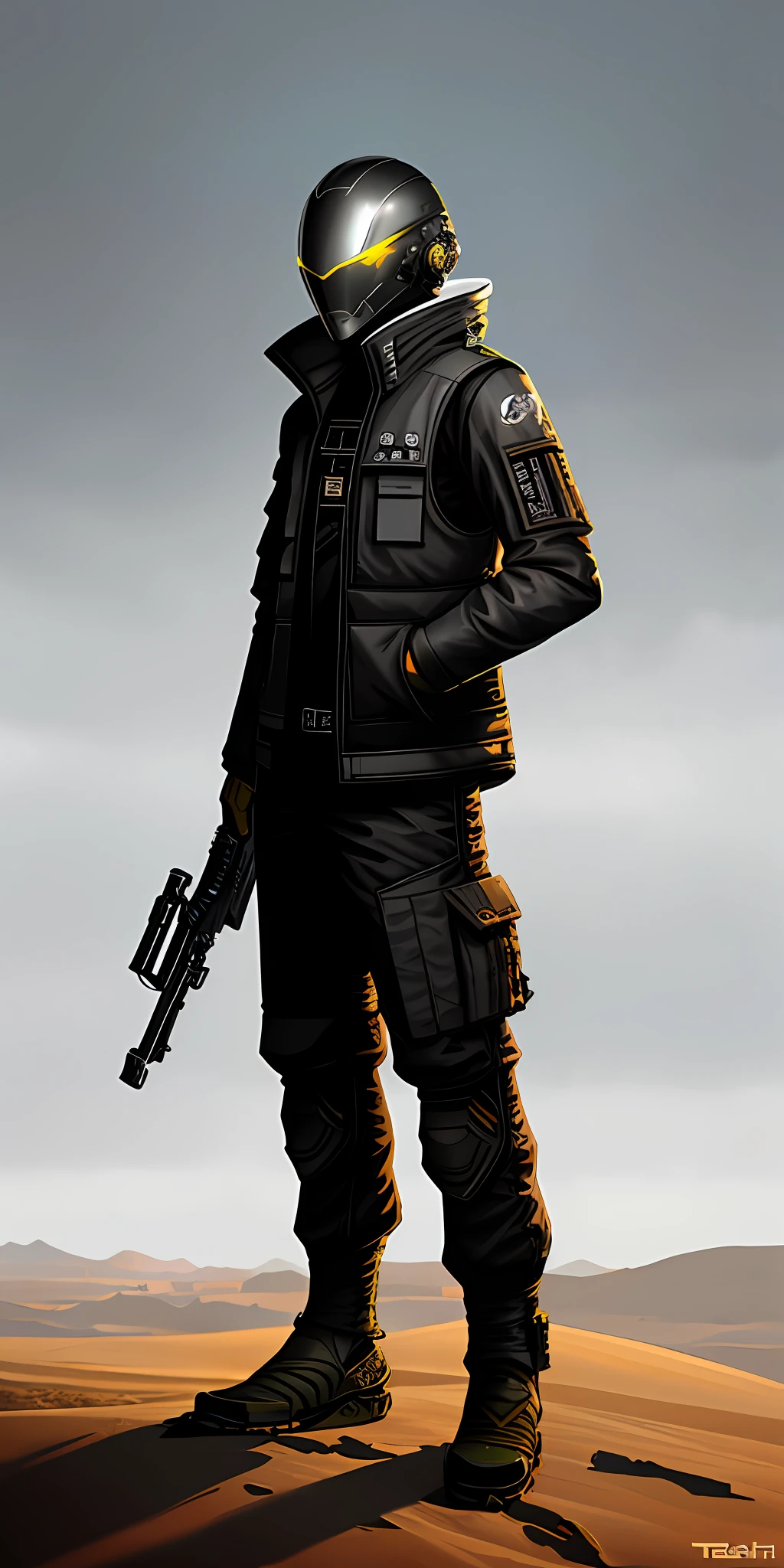 There is a man in a deftpunk style helmet and a coat standing in the desert, techwear look and clothes, wearing space techwear, future techwear, model is wearing techtical vest, techwear clothes, futuristic techwear, techwear fashion, techwear, wearing techwear and armor, focus on anti-g flight suit, wearing urban techwear, wojtek fus, portrait