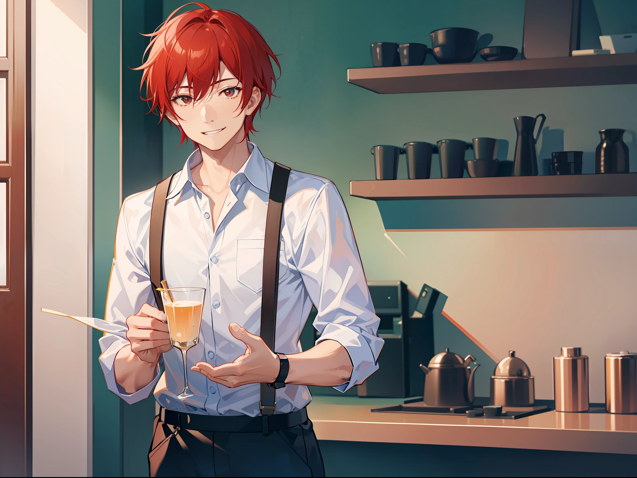 An Asian man with short red hair and a glass of milk in his hand, handing out motion, smiling, with room in the background