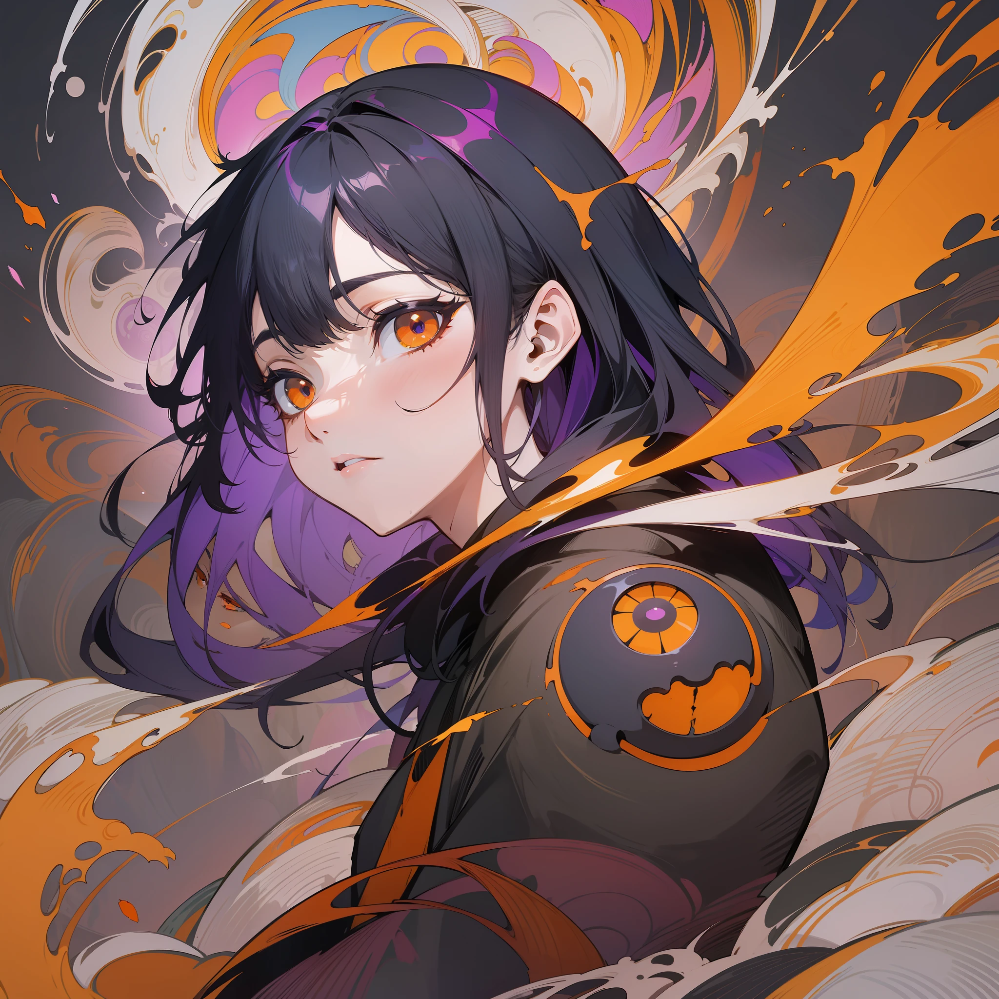 the artwork shows a character with a sword on his face with orange eyes, in the style of psychedelic manga, animal intensity, dark purple and white, multi-layered narrative scenes, colorful animation stills, monumental ink paintings, kintsugi  --ar 19:27 --s 400