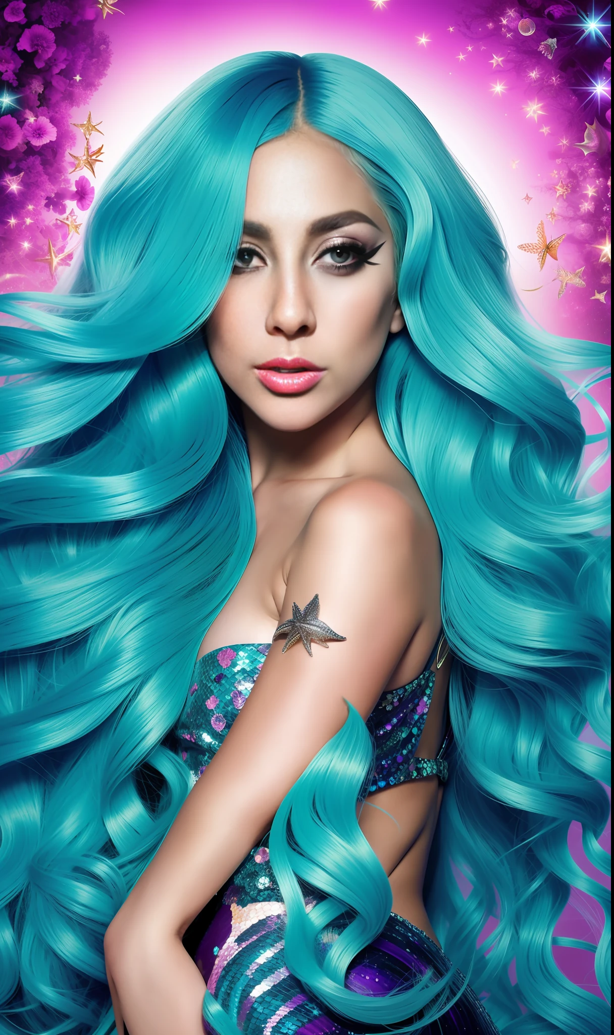 Photo of lady gaga dressed with mermaid print,4K texture, long hair, high quality, extravagant hairstyle, original album cover, 8k image, futuristic, high image quality, at night, hair accessories, 8k image, realistic face in high quality, full body, different body poses, high quality on face, defined features,HD