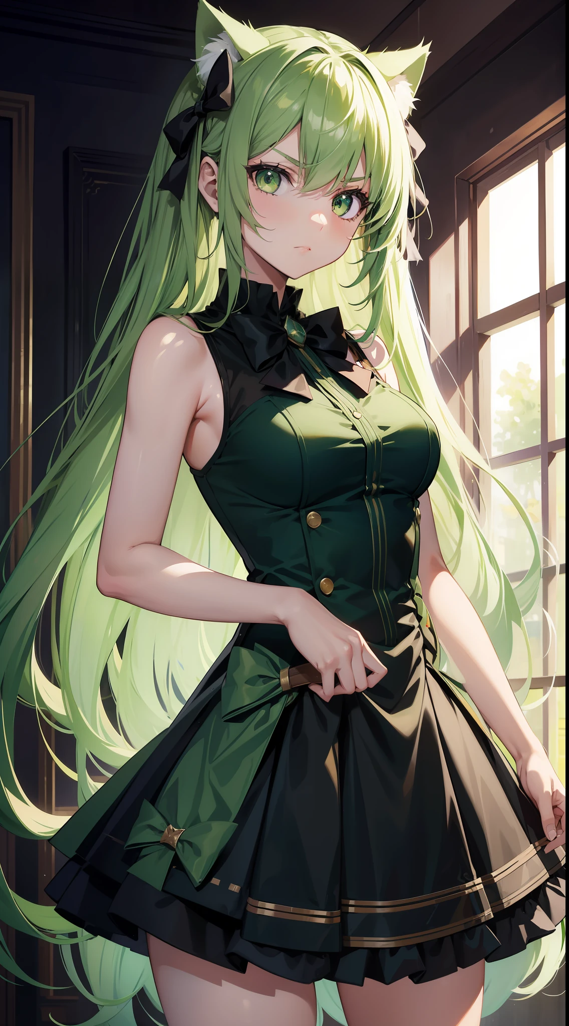 Young girl, long green hair, green eyes, cat ears, sleeveless combat dress, bow, serious look, masterpiece, high quality