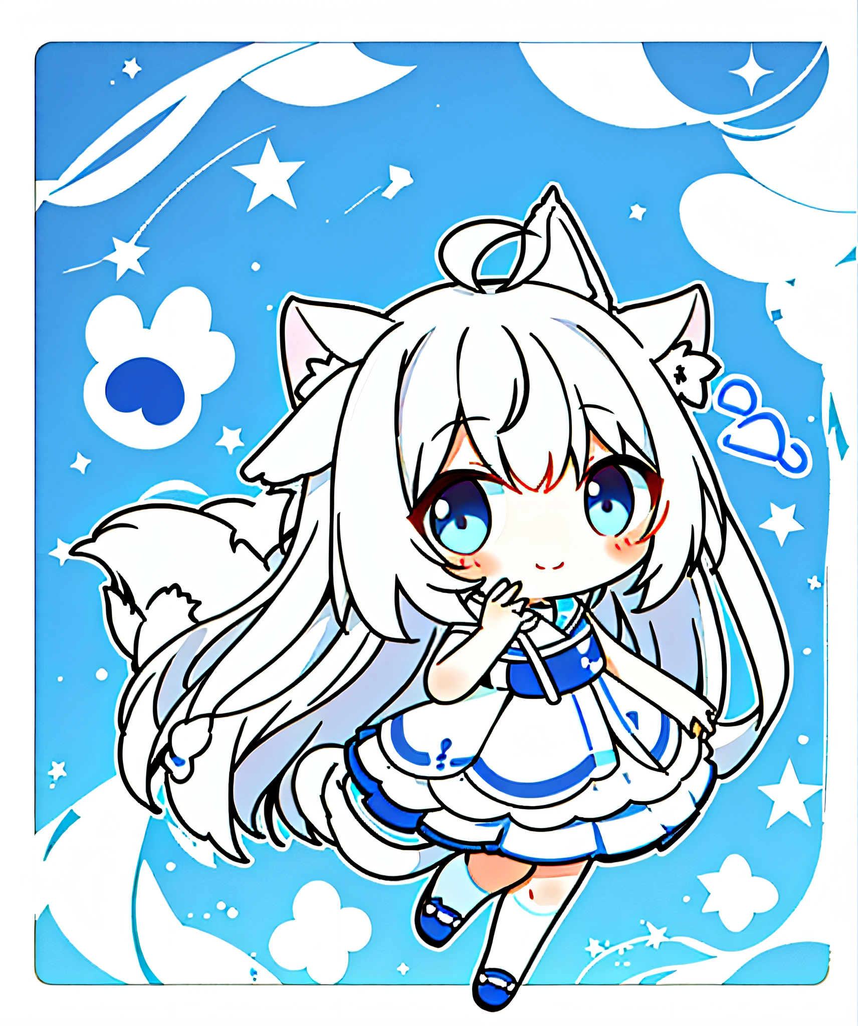 animal ears, animal, shut up, tail, skirt, long hair, smile, blue eyes, blush, bangs, chibi, blue shoes, very long hair, white dress, ahoge, white background, bare shoulders