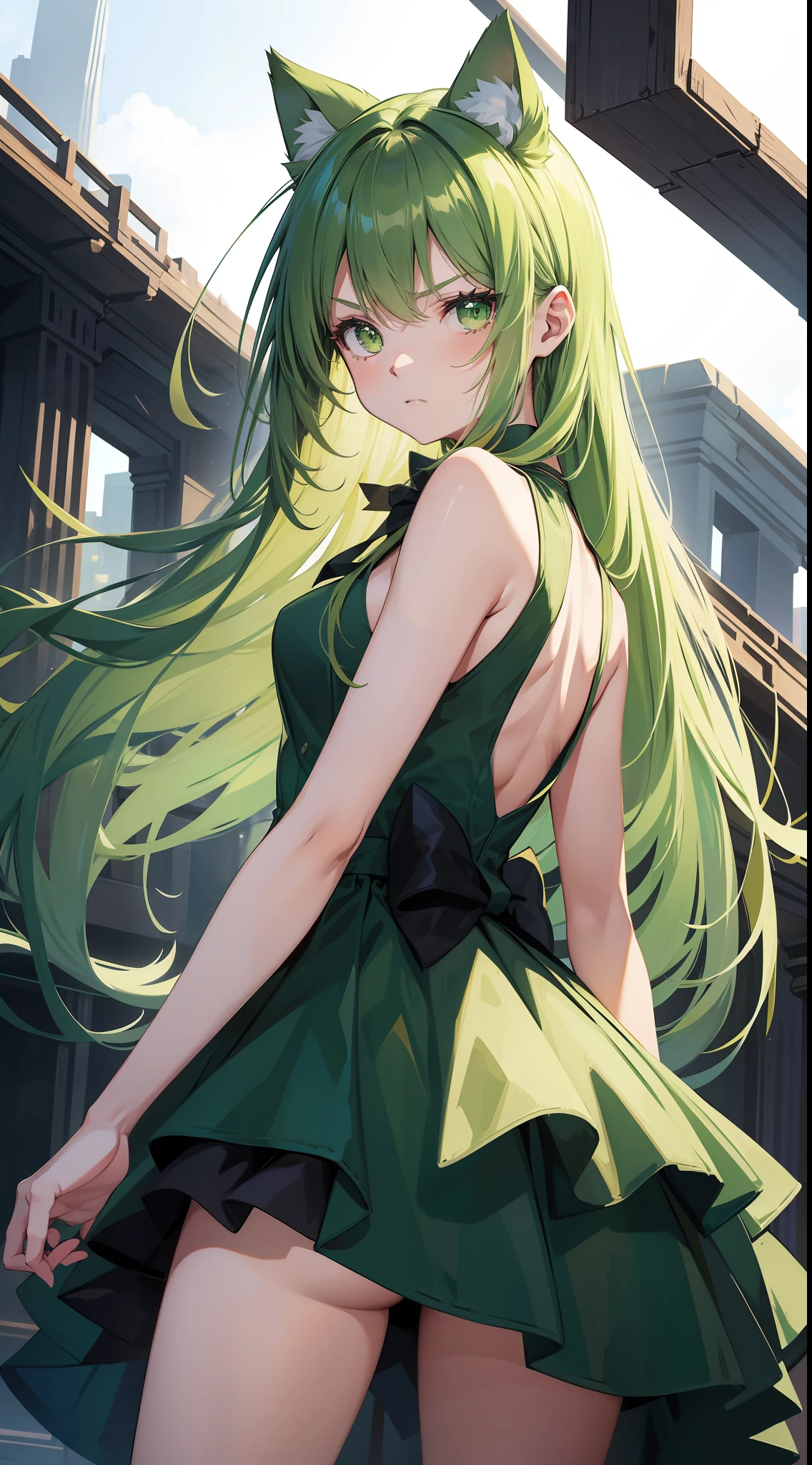 Young girl, long green hair, green eyes, cat ears, sleeveless combat dress, bow, serious look, masterpiece, high quality