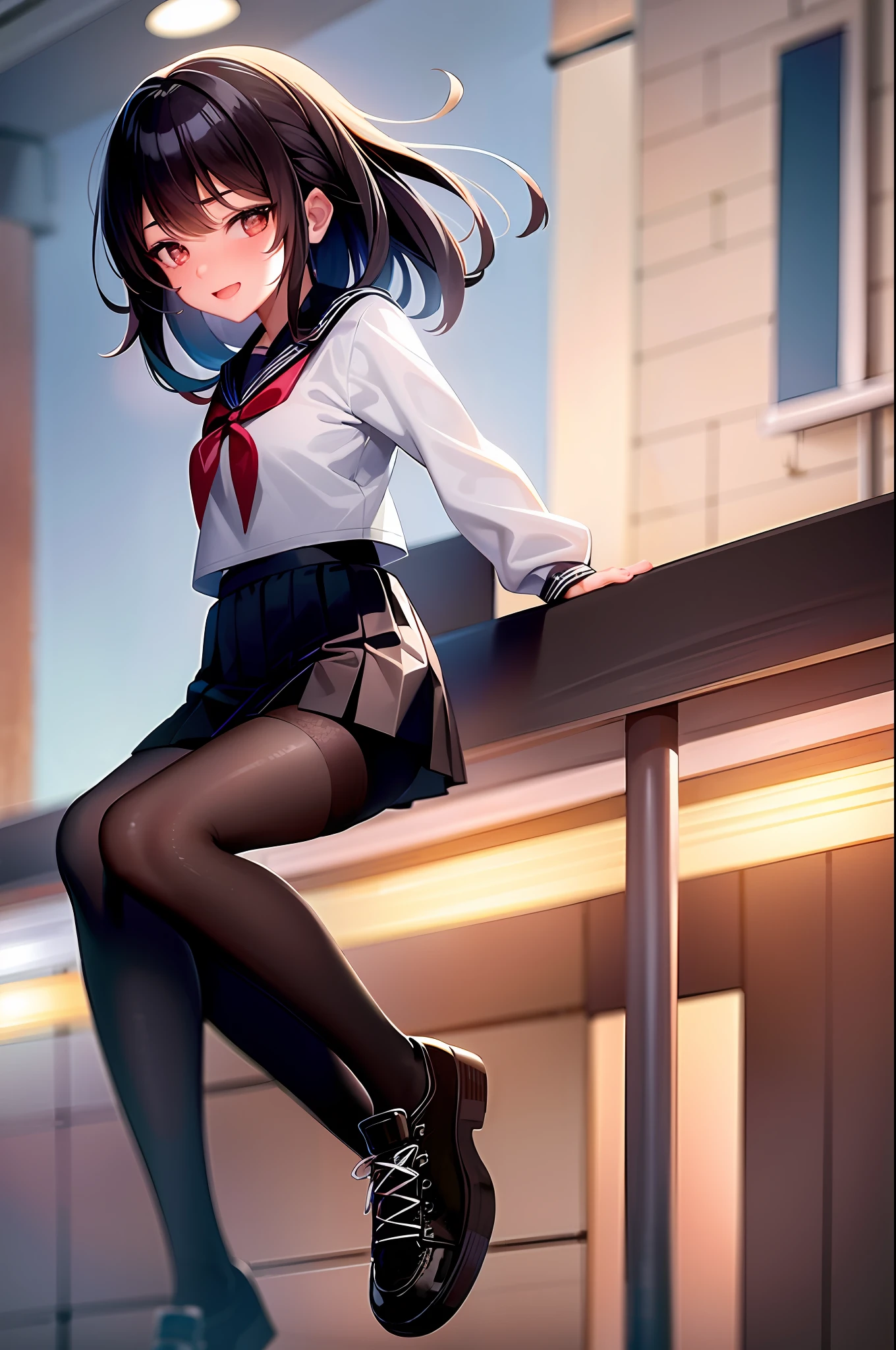 (Extremely detailed CG unity 8k wallpaper), (Masterpiece), (Best Quality), (Ultra Detailed), (Best Illustration), (Best Shadow), (Realism: 1.6), Real Human Skin, Lens Glow, Shadows, Backlight, Bloom, Depth of Field, Natural Daylighting, Hard Focus, Film Granules, Looking at the Audience, Asian, Kpop Idol: 1.2, mix4, 1 girl, 21 years old, solo, Scrawny, Pale skin, Soft lips, (Light eyebrows: 1.4), Shiny brown eyes, black straight hair, small breasts, beautiful and delicate sky, street(crowd:1.2), night, (nose blush), beautiful and delicate eyes, white Japanese school uniform, sailor suit, black pleated skirt, stockings, sneakers, happy, smile