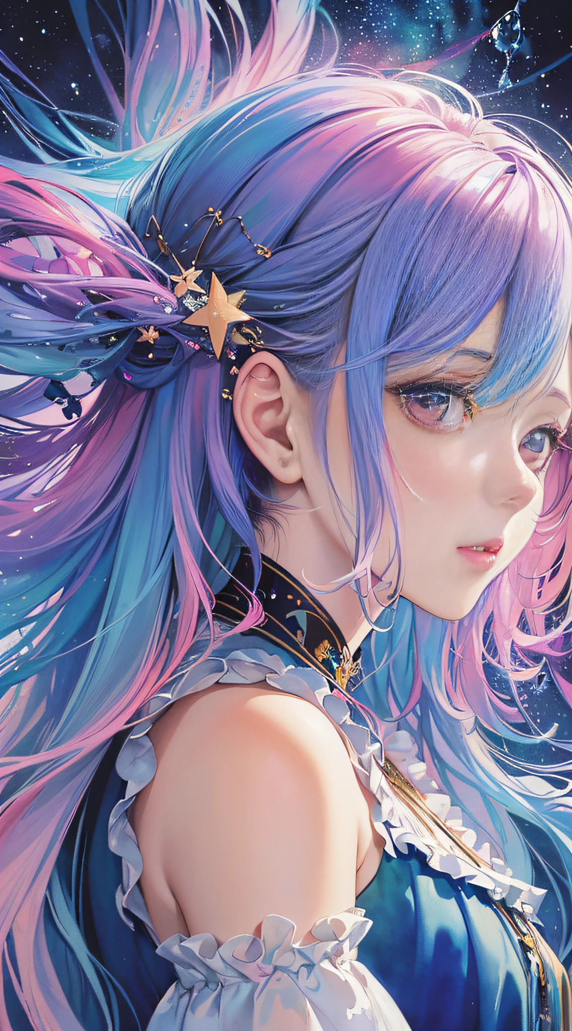 (masterpiece, top quality, best quality,watercolor (medium),official art, beautiful and aesthetic:1.2),(1girl:1.3), (fractal art:1.3),upper body, from side, looking at viewer,patterns,(rainbow color Hair,colorful hair,half blue and half pink hair:1.2),water,liquid, cloud,colorful, starry,stars,
