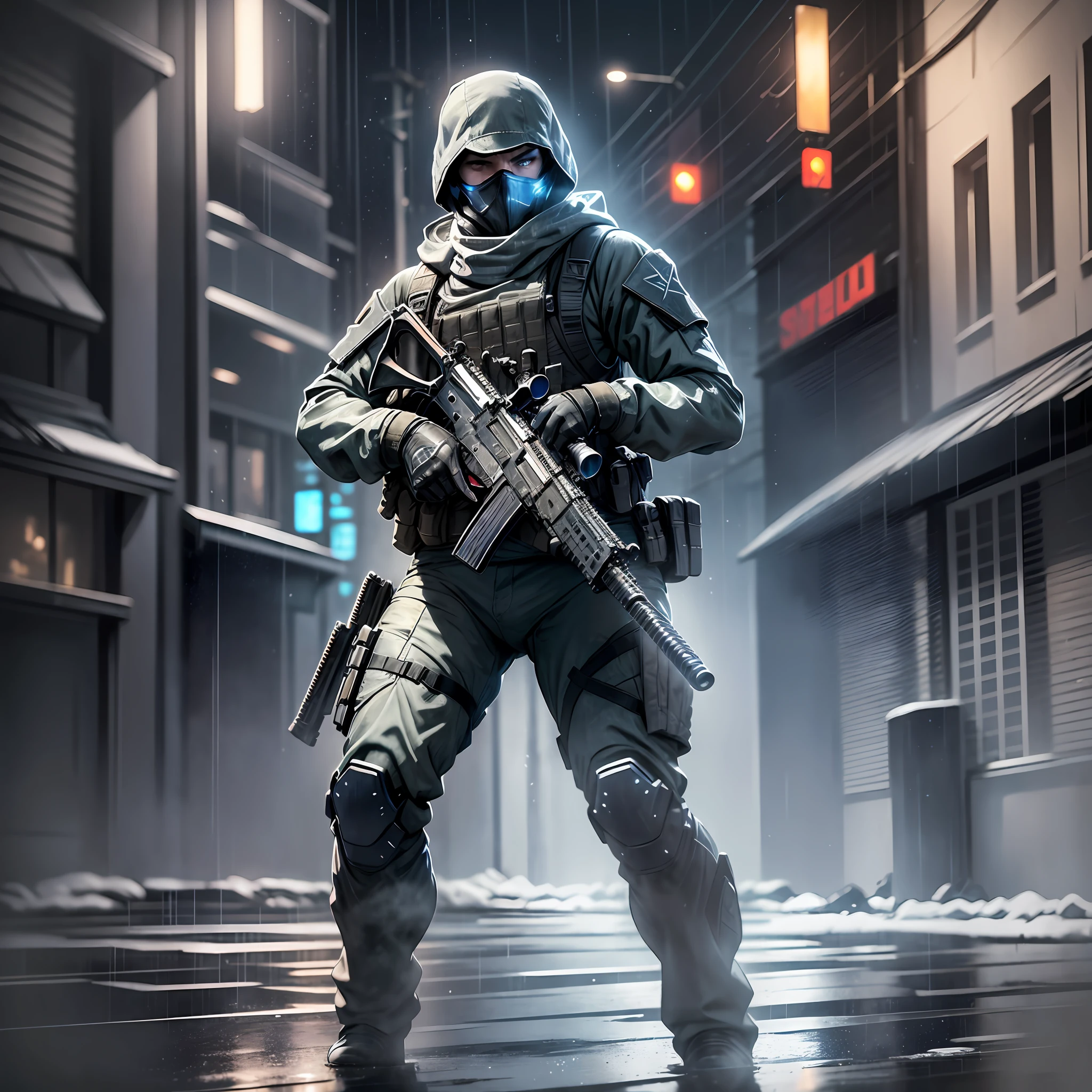 "Stable Diffusion model, masterpiece quality, ultra detailed, dynamic pose, rain drops falling, blue eyes, and (assault rifle: 1.2 + Ghost from Call of Duty) in cool stance, (night ambiance: 1.1) with minimal illumination, powerful shadows, highly contrasted, cinematic style image." --auto --s2