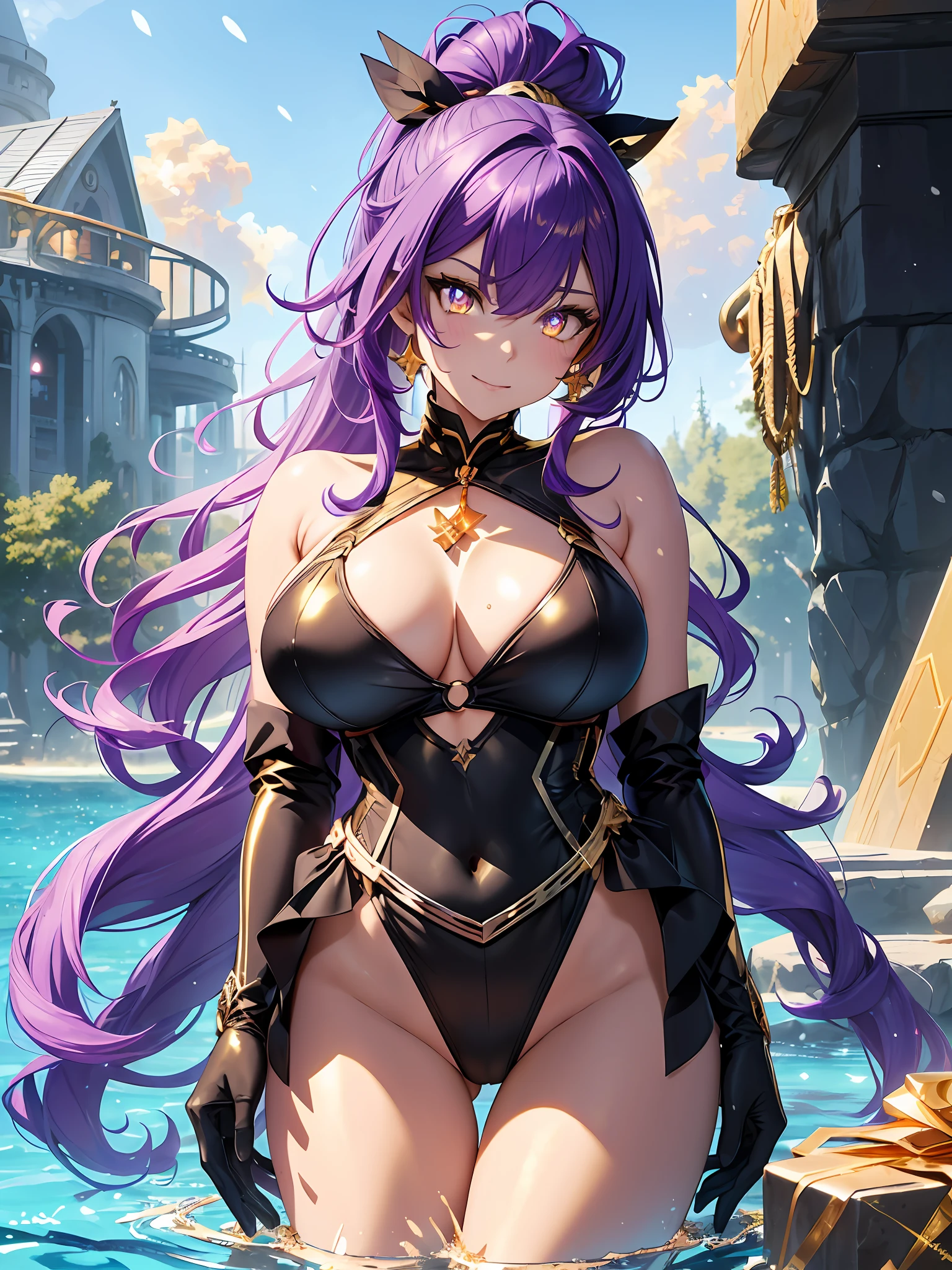 {best quality}, {{masterpiece}}, {highres}),extremely detailed 8K wallpaper,(single girl),19 years old,mature,curvaceous_body,d_cup_bouncy_breasts,huntress,heroine,hourglass_figure,perspective,beautiful_face,diamond_shaped_face,next to viewer,streamline_outfits,high_quality_outfits,futuristic_outfits,silght_blush,Honkai_Impact_Art,character_splash_art.
Full detailed face,diamond_shaped face,(vivid,detailed deep purple hair color,full violet hair,indigo hair,pure purple hair,waist-length (flowy helix_shaped ponytail),end tied with violet ribbons,glowing hair tips,flowy,detailed,purple bangs)((((purple_hair_color)))),(two strands of glowing violet hair framing face)
((golden eyes:2),white cross-shaped pupil,full detail eyes,relaxed gaze,upturned eyes shape,amber eye shadow,)),((((golden eyes and iris)))),golden eyeshadow,(golden swimming goggle glasses covering eyes,one-piece lens,transparent hexagon frames,detailed)
Outfits highlighting body curves
Black one-piece sleek swinsuit,golden v-shaped linings along limbs,ample cleavage,black swimming corset at belly,hex cutout around waists,black short gloves,golden leg bracer around left thigh
Swimming in lake,winter,morning,snowy,snow in background,water on body,body beneath cleavage in water,both hands on hips,attractive_smile