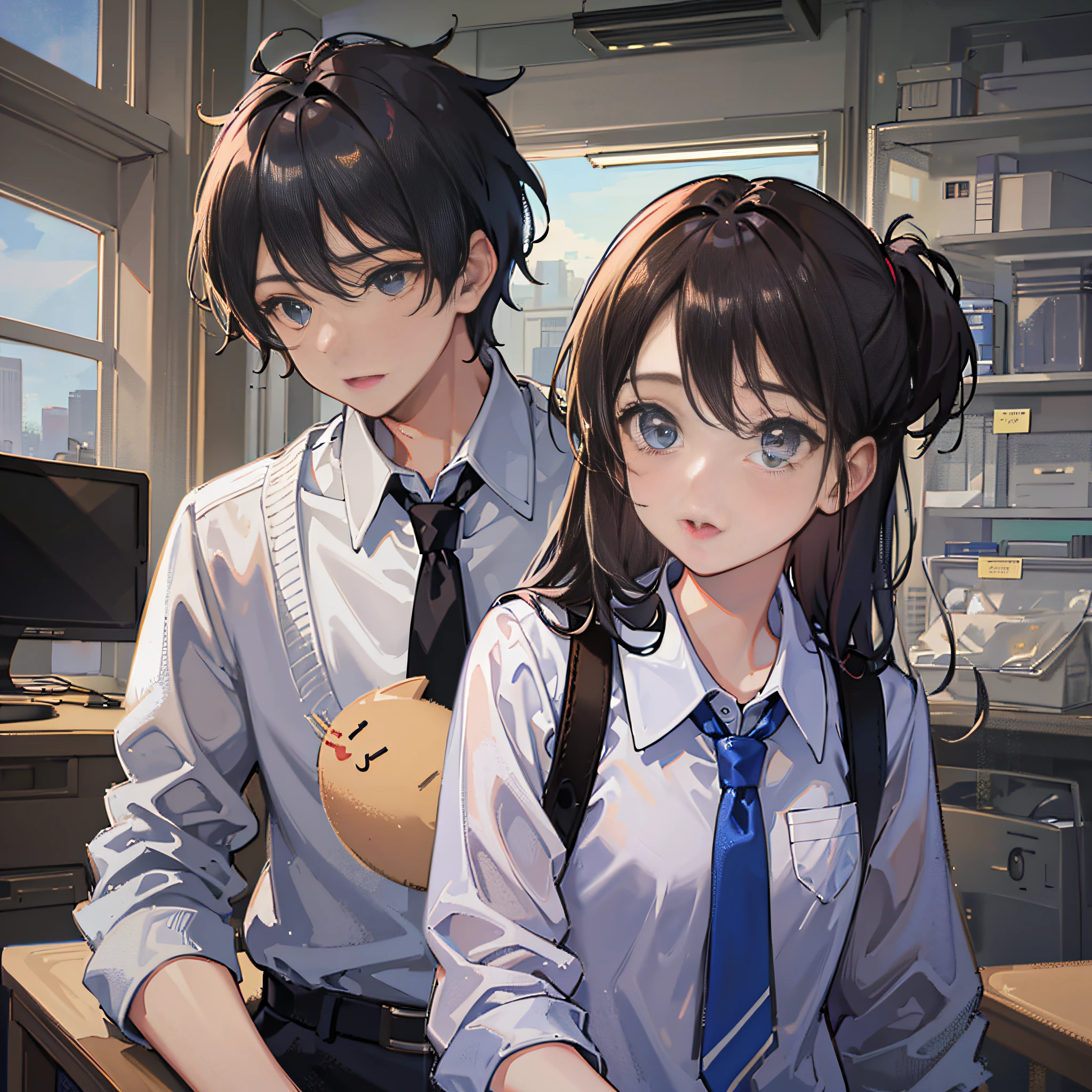 (Best quality: 1.0), (Ultra High Resolution: 1.0), in a campus classroom, a boy holds a girl, wearing a school uniform,