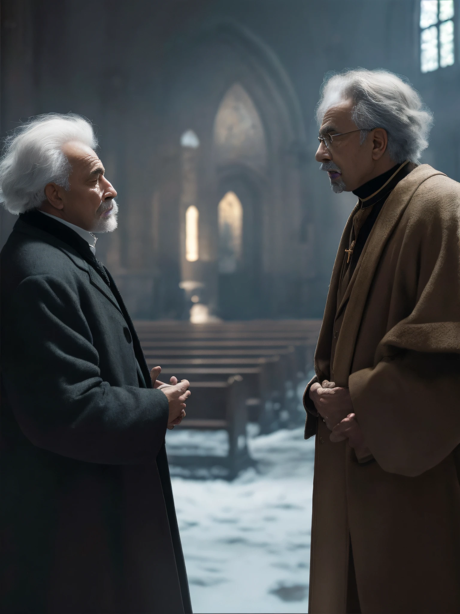 two men in coats standing in a church with a light shining on them, still from the movie, kramskoi 4 k, still image from the movie, still from a live action movie, still from a movie, still from a fantasy movie, rene lalique and eddie mendoza, scene from live action movie, scene from a movie