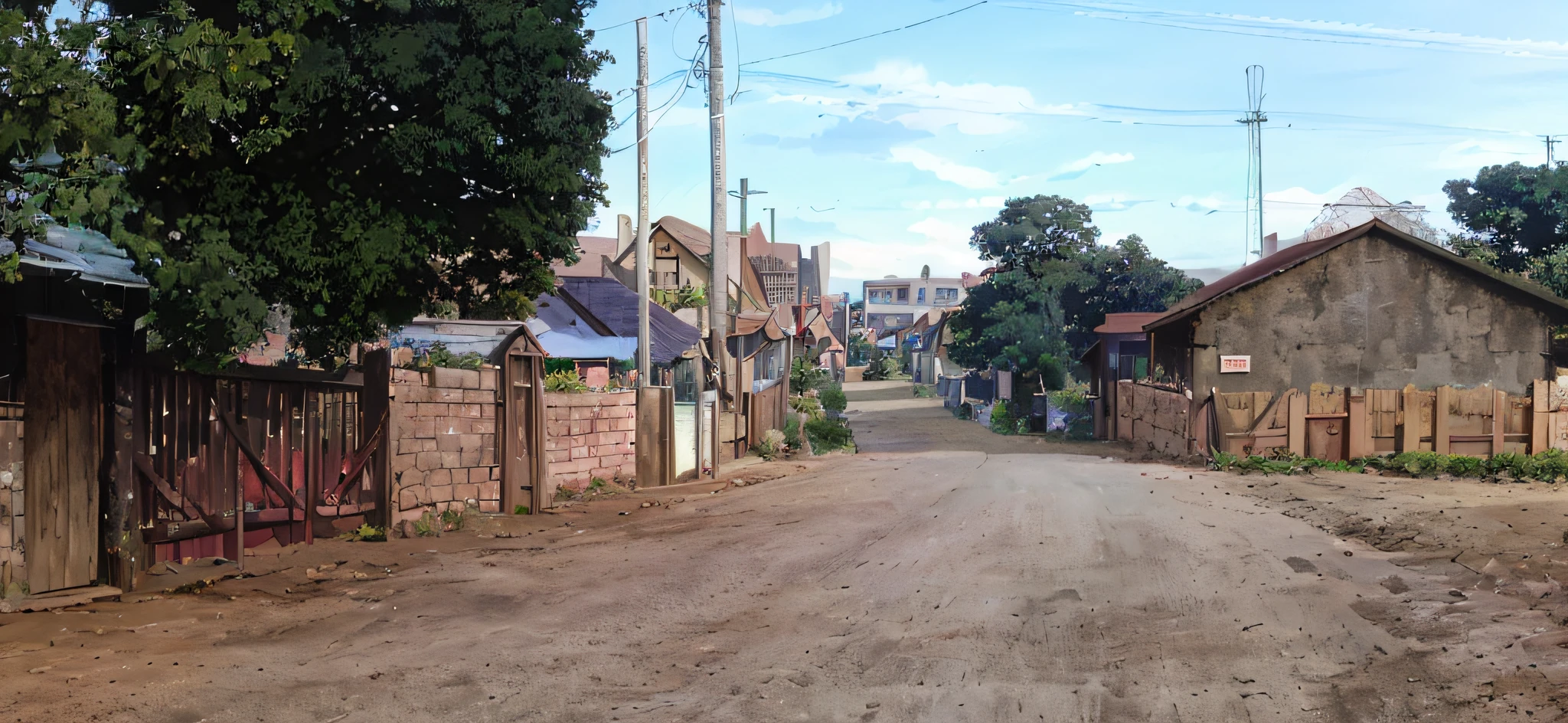 there is a dirt road with  a building, small town surrounding, in a village street, houses and roads, in the early morning, street level view, in a street, village in the background, looking down street, residential area, colonial house in background, old village in the distance, some houses in the background, in the foreground a small town