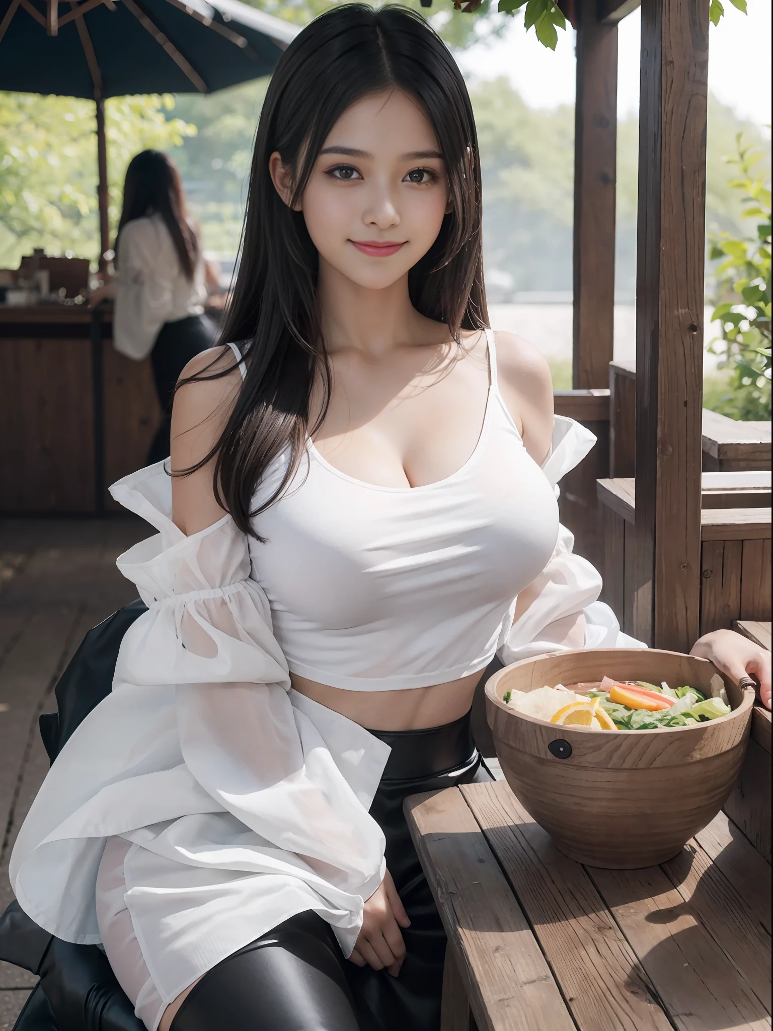Raw photo, highres, absurdres,UHD,girl,age 23, blushing,upper body, (big huge breast),(( white top)),see through clothes,shoulder less top,full sleeves,black bra,Black skirt, thighs visible,long boots, long hair, people, crowd, stalls,depth of field, outdoor, Japanese stall,making food,((looking at viewer)), perfect eyes,perky breasts, smile