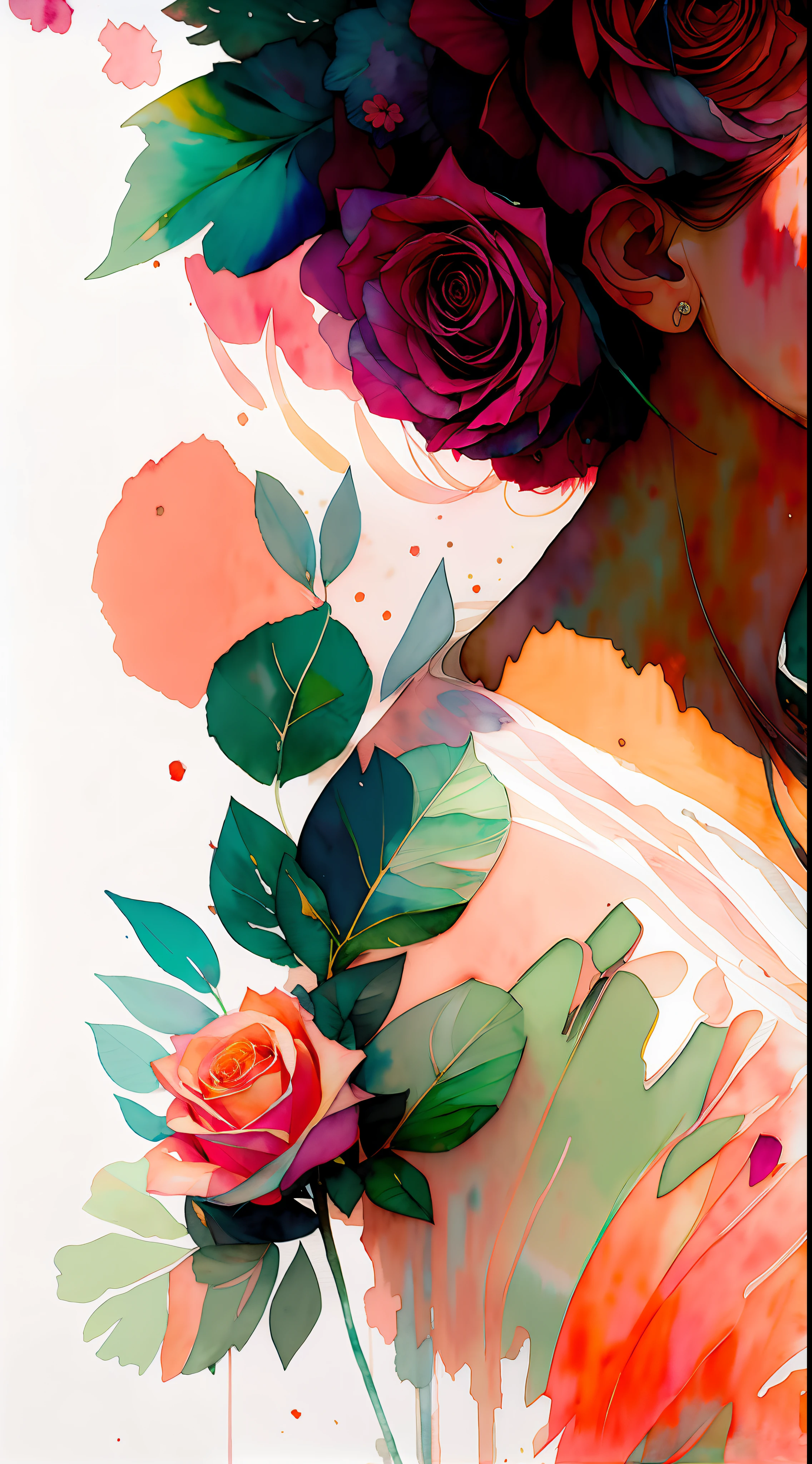 wtrcolor style, (rose) digital art, official art, blown by the wind, masterpiece, beautiful, ((watercolor)), paint splatter, intricate detail. Great detail, [dripping:0.7], Trending on Artstation, Rachel Walker
