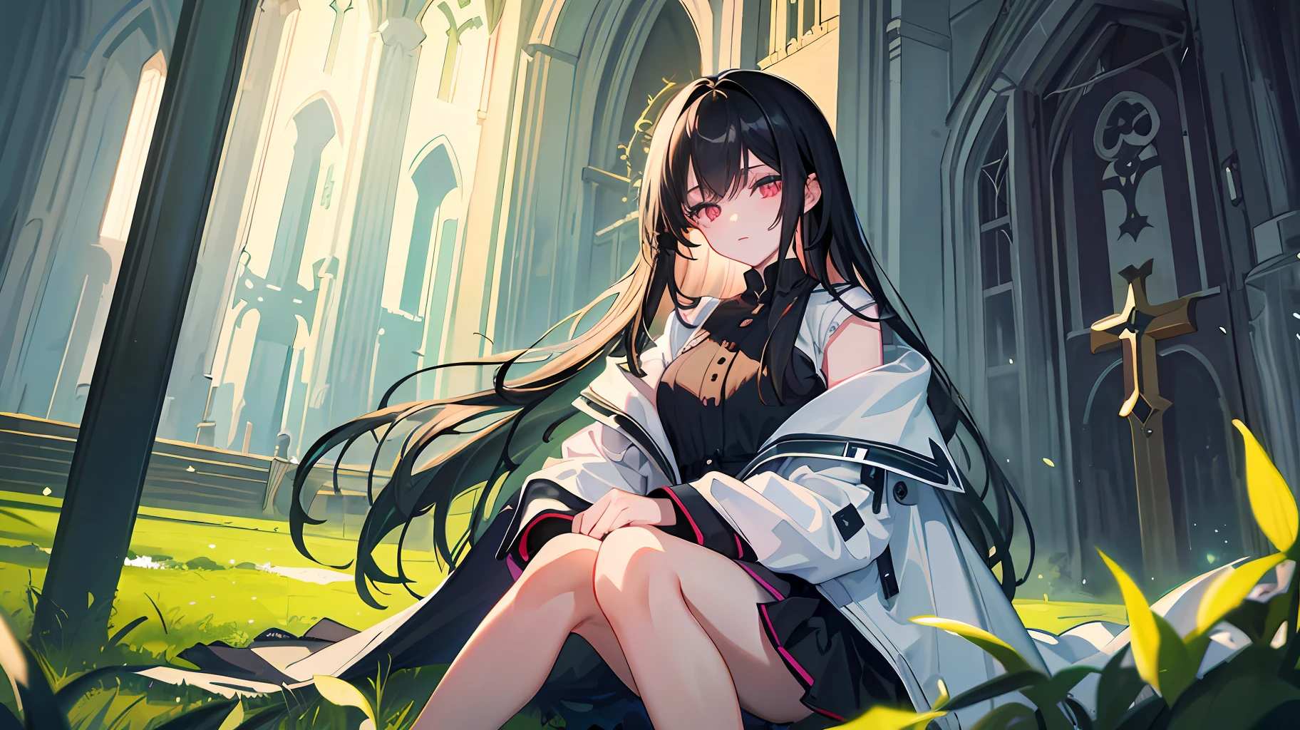 (Masterpiece, highest quality, high resolution), 1girl, delicate facial features, sitting on a green field, long black hair, white long coat, bright pink eyes, a church in the background, bright and dreamy lights, moody atmosphere, soft light,