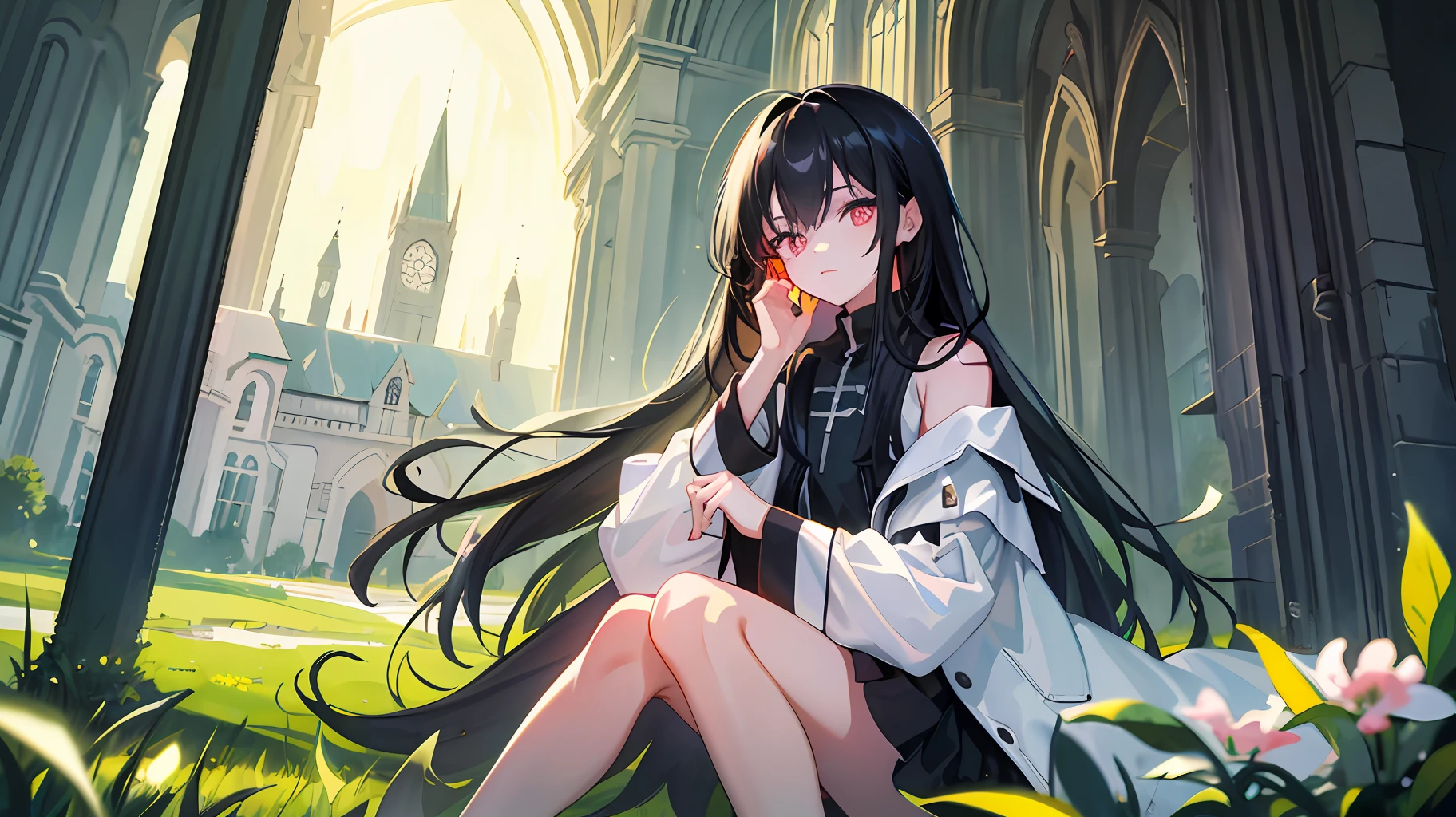 (Masterpiece, highest quality, high resolution), 1girl, delicate facial features, sitting on a green field, long black hair, white long coat, bright pink eyes, a church in the background, bright and dreamy lights, moody atmosphere, soft light,