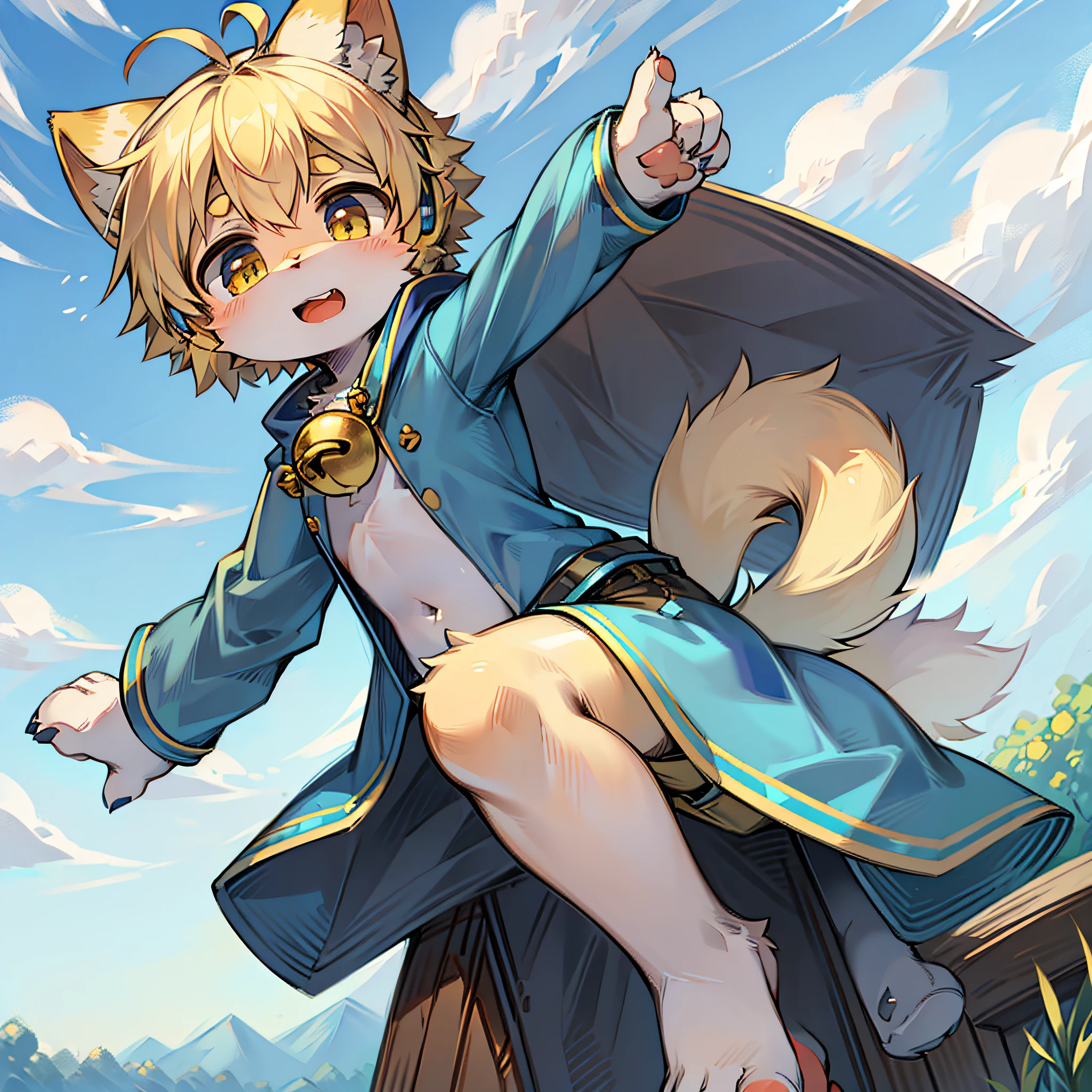 field, garden, band-aid, short hair, blonde, ahoge, bell, headphones, lower body, child, furry, cat ears, open mouth, cloud, sky, in summer, no spots, cubs, yellow fur everywhere, cat ears, cat type, big fluffy tail, masterpiece, high-quality portrait, human figure, cub, beard, solo child boy, wind, pose, full shot, sky blue coat, gray shorts, yellow scarf, white shirt, super cute face, Furry paws, meat pads