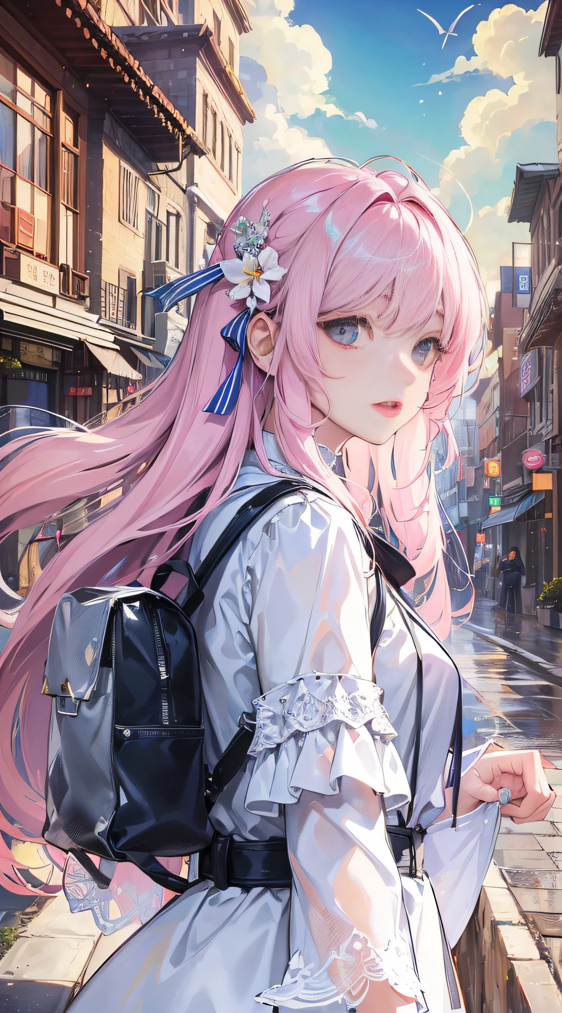 Official fine art, masterpieces, sharp focus, (Beautiful gorgeous cute Korean woman: 1.3), (Beautiful cute Korean: 1.3), Korean beauty, delicate beautiful hair and eyes and face, realistic, super detailed, beautiful girl, backpack, blue sky, glowing white particles, (sidelighting: 1.2), sunlight, white clouds, delicate clouds, slender, smile, scenery, long straight hair, buildings, dynamic hair, long straight hair, fine platinum pink hair, glowing blue eyes, hair accessories, epic scenery,